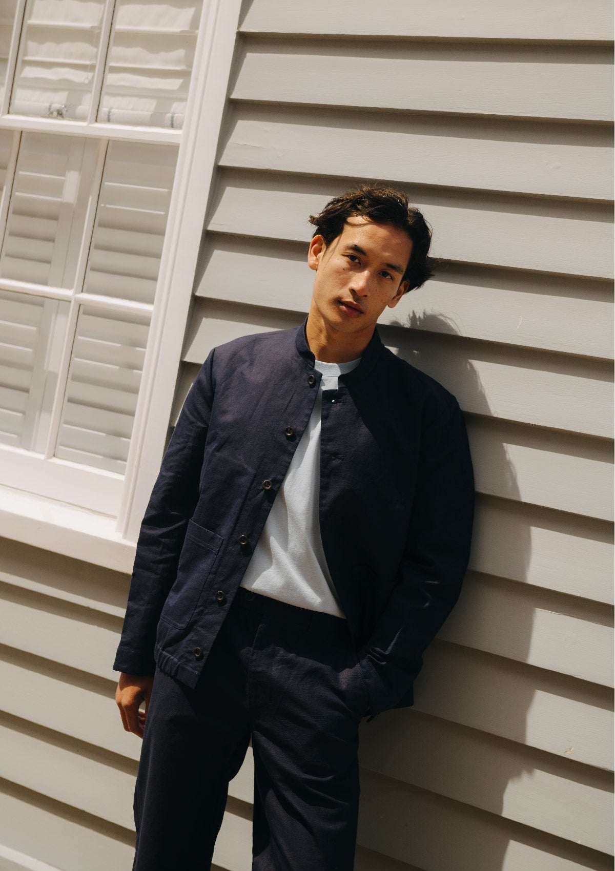 Navy Cotton Linen Nehru Chore Jacket, Chore Jacket - SIRPLUS