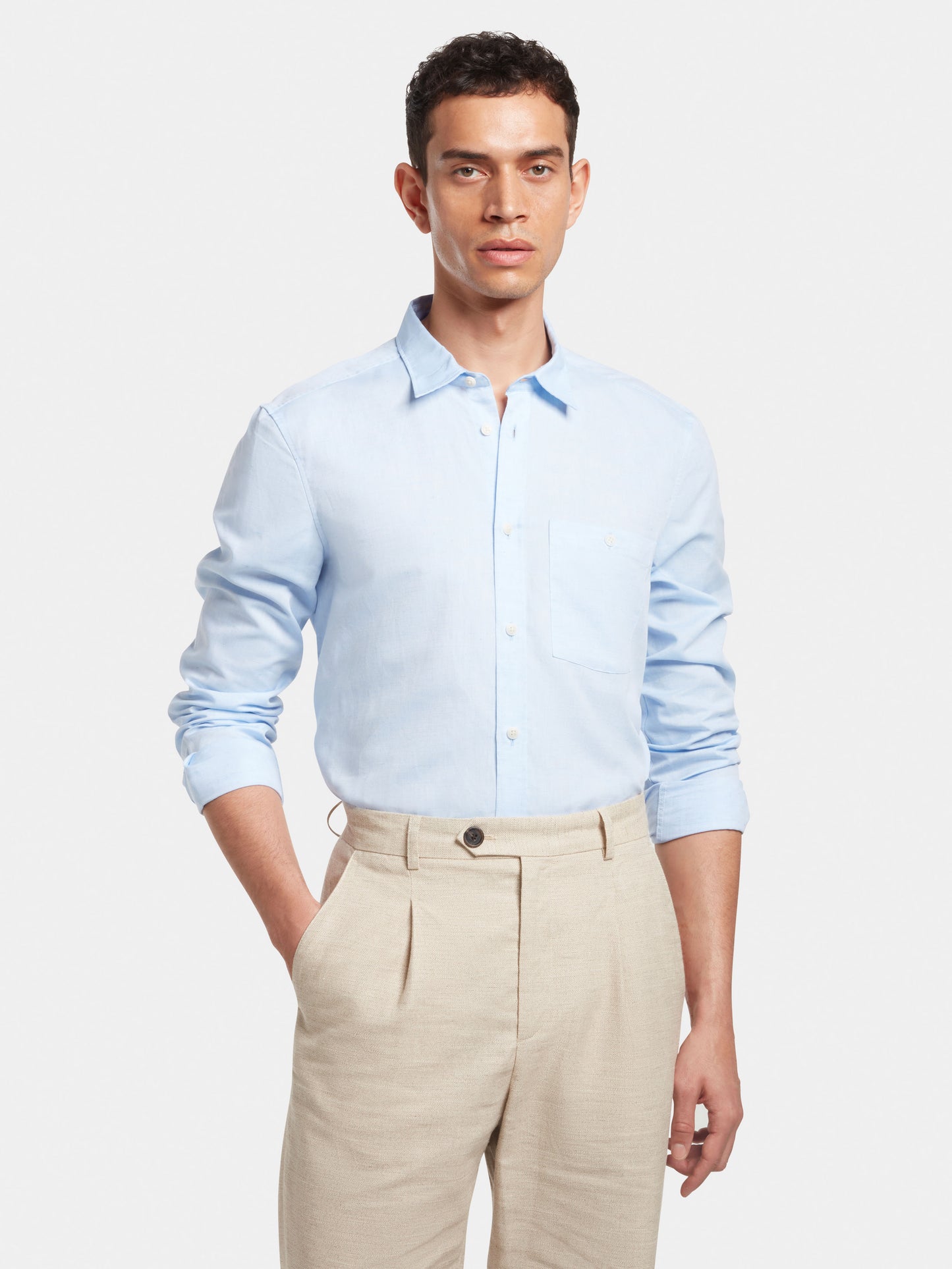Pale Blue Cotton Linen Collared Shirt, Collar Shirts - SIRPLUS