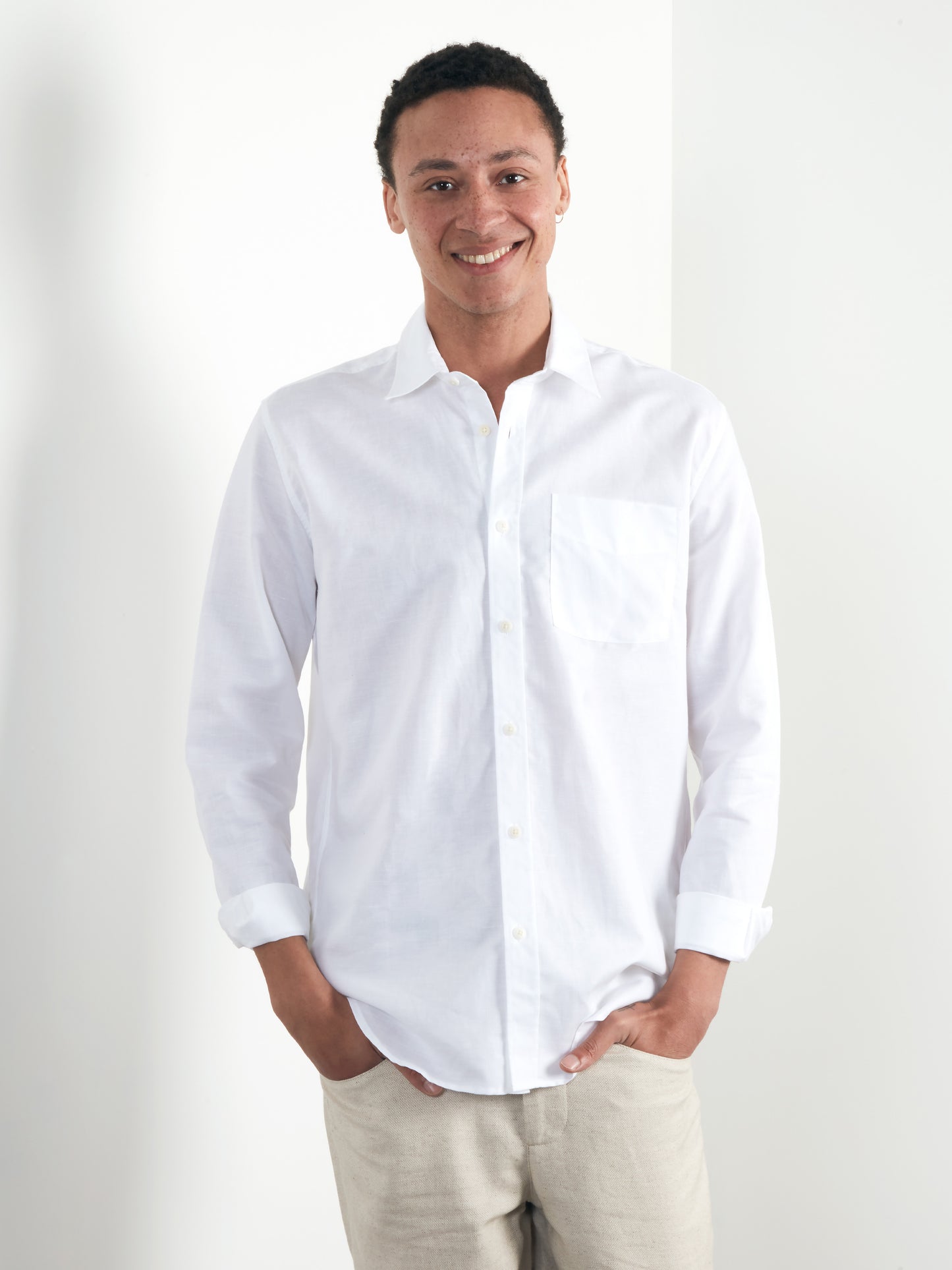 White Cotton Linen Collared Shirt, Collar Shirts - SIRPLUS