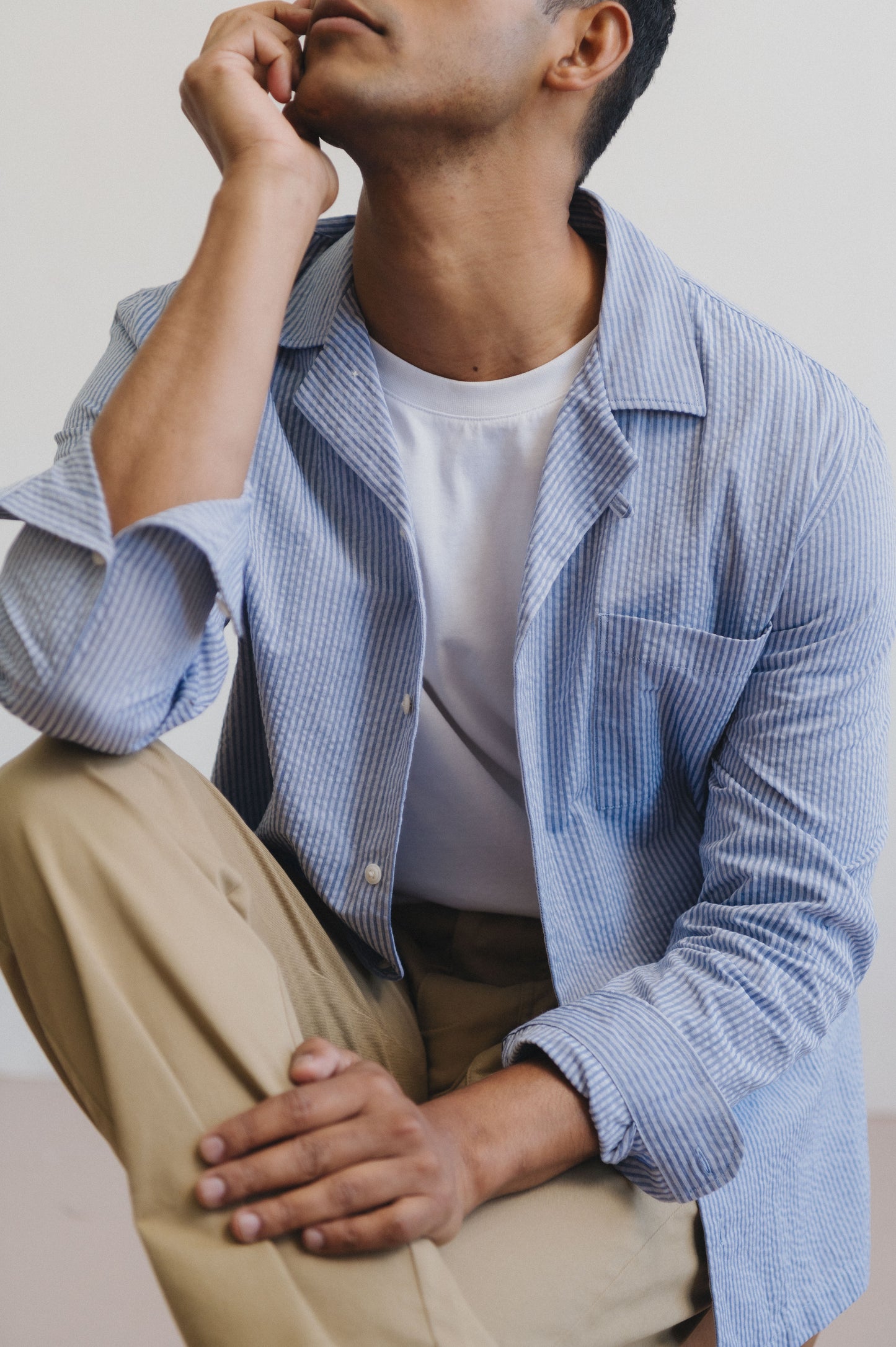 Blue Seersucker Stripe Long Sleeve Cuban Shirt, Long Sleeve Cuban Shirt - SIRPLUS