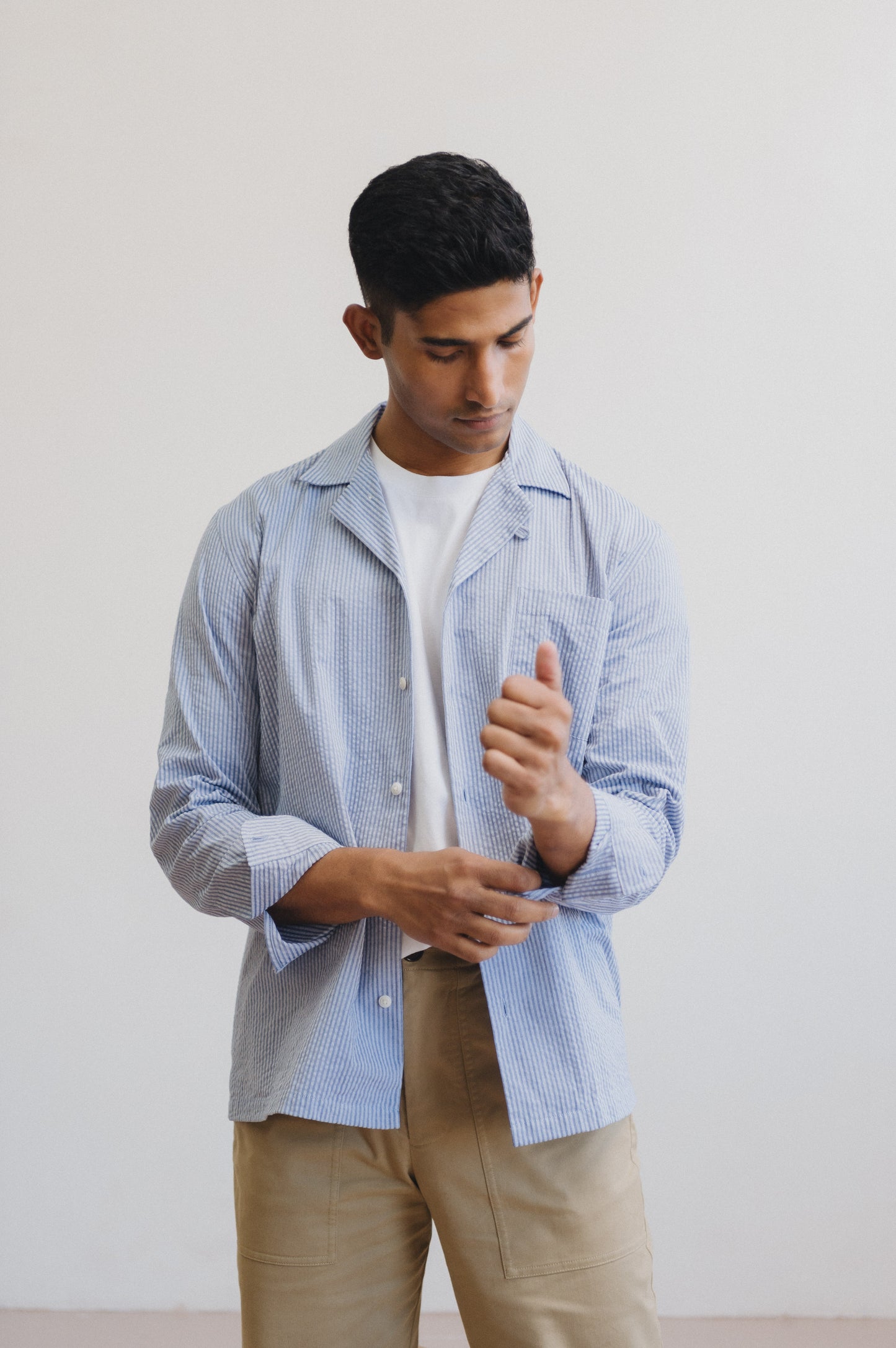 Blue Seersucker Stripe Long Sleeve Cuban Shirt, Long Sleeve Cuban Shirt - SIRPLUS