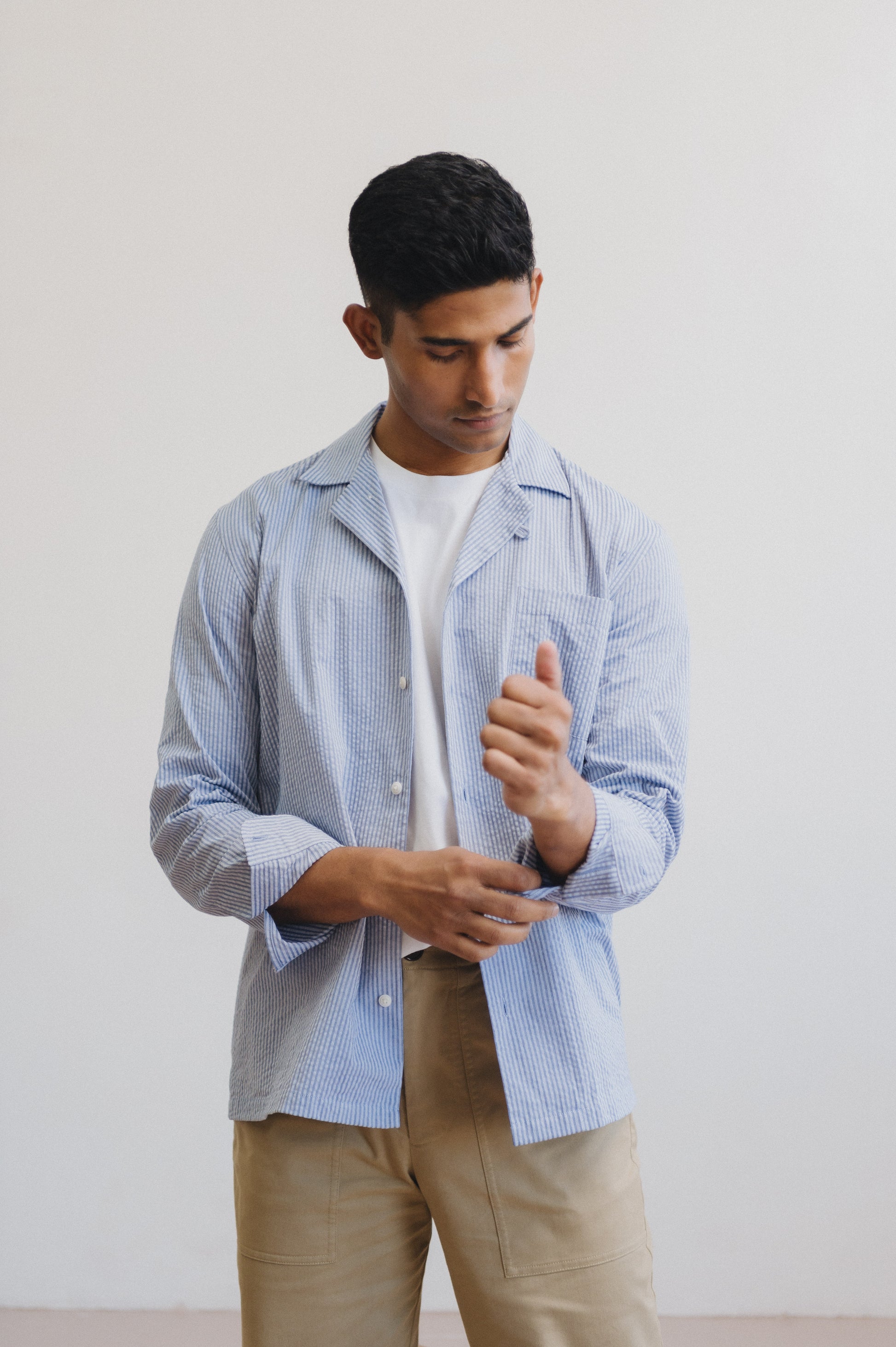 Blue Seersucker Stripe Long Sleeve Cuban Shirt, Long Sleeve Cuban Shirt - SIRPLUS