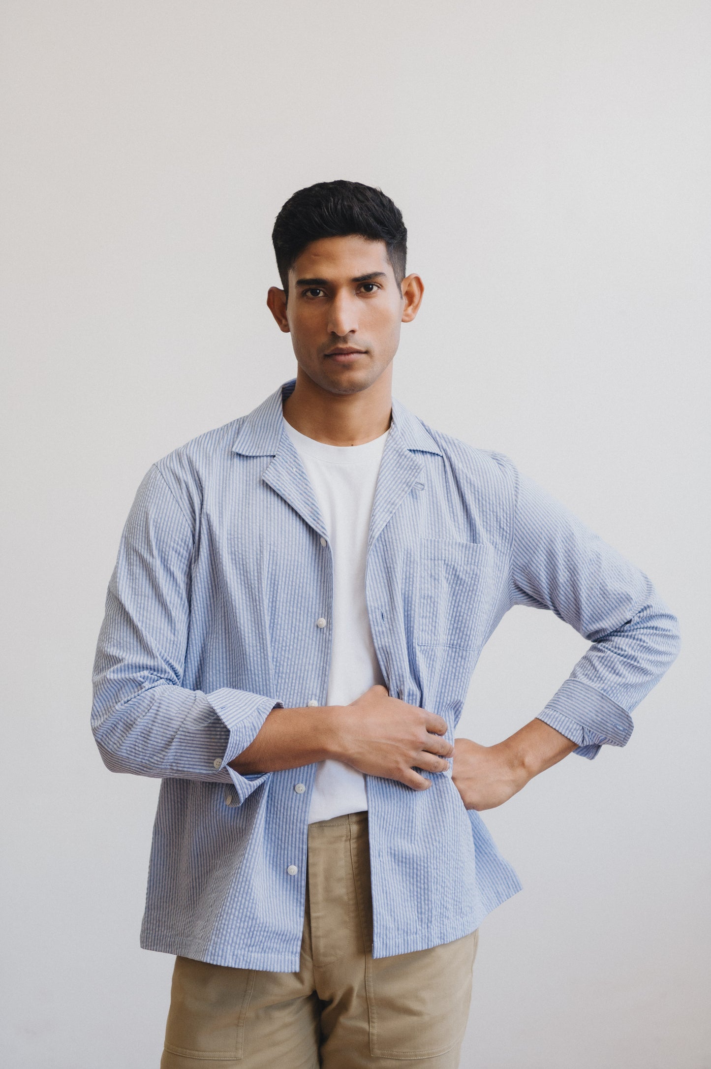 Blue Seersucker Stripe Long Sleeve Cuban Shirt, Long Sleeve Cuban Shirt - SIRPLUS