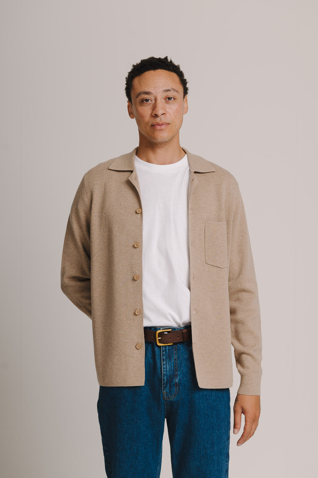 Oatmeal Merino Knit Polo Shirt, Long-Sleeve Polo Shirt - SIRPLUS