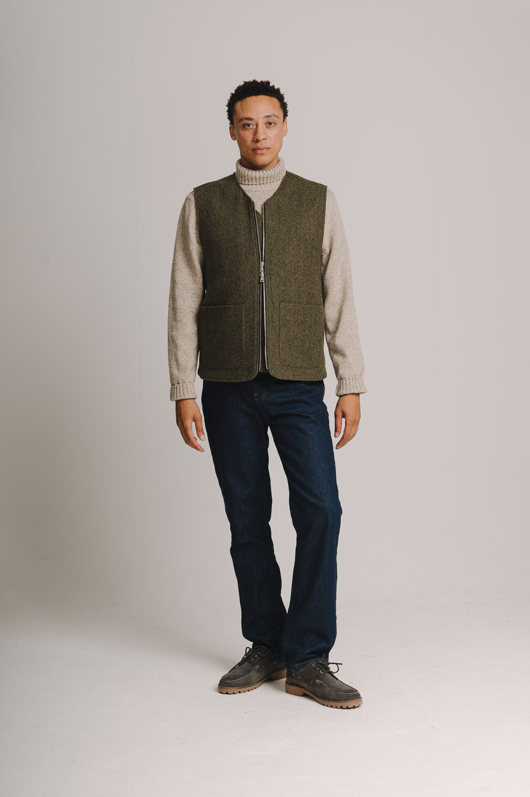 Green Brushed Herringbone Wool Gilet, Gilet - SIRPLUS