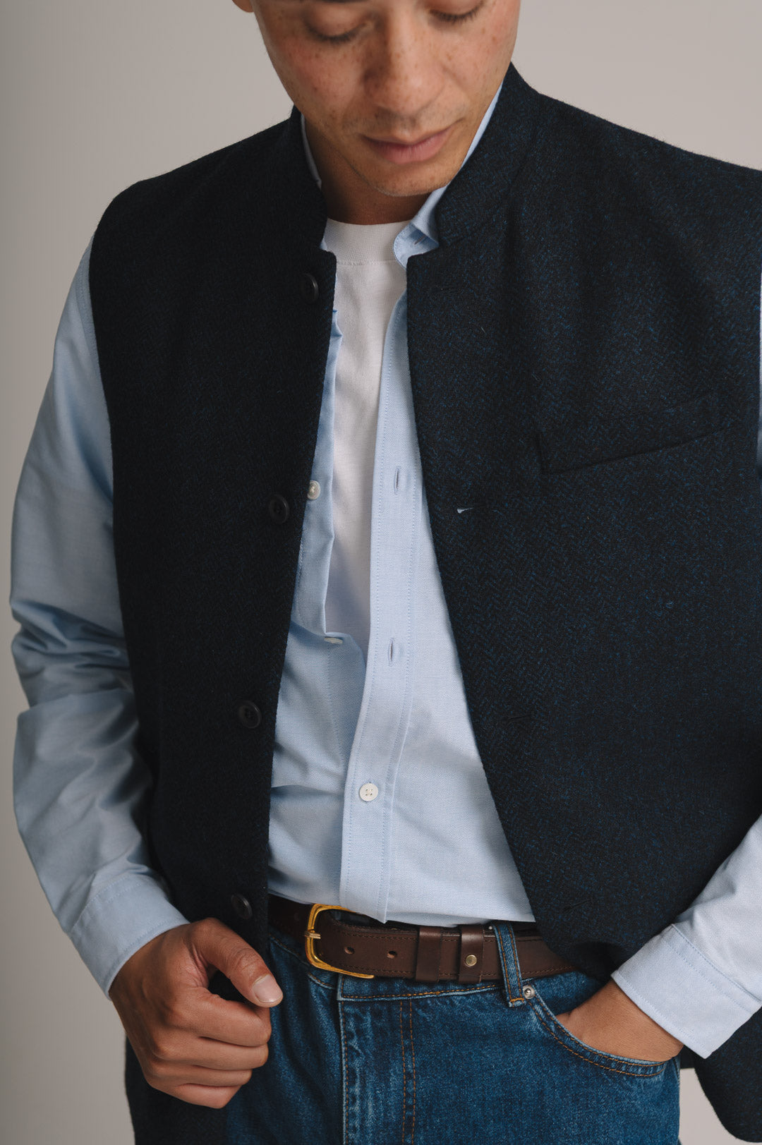 Midnight Herringbone Nehru Waistcoat, Nehru Waistcoat - SIRPLUS