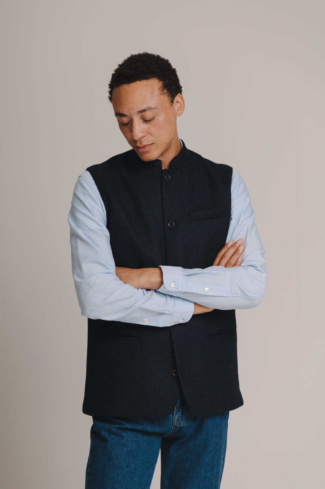 Midnight Herringbone Nehru Waistcoat, Nehru Waistcoat - SIRPLUS