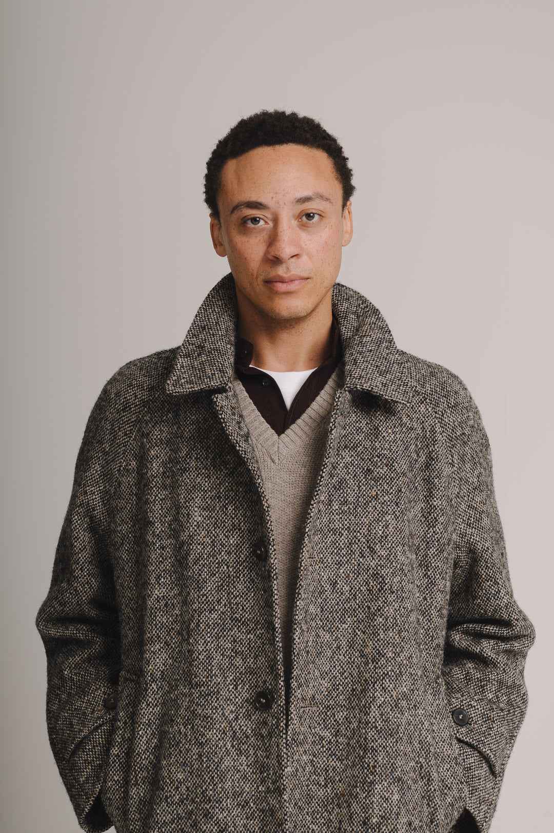 Oat & Black Donegal Tweed Overcoat, Coat - SIRPLUS