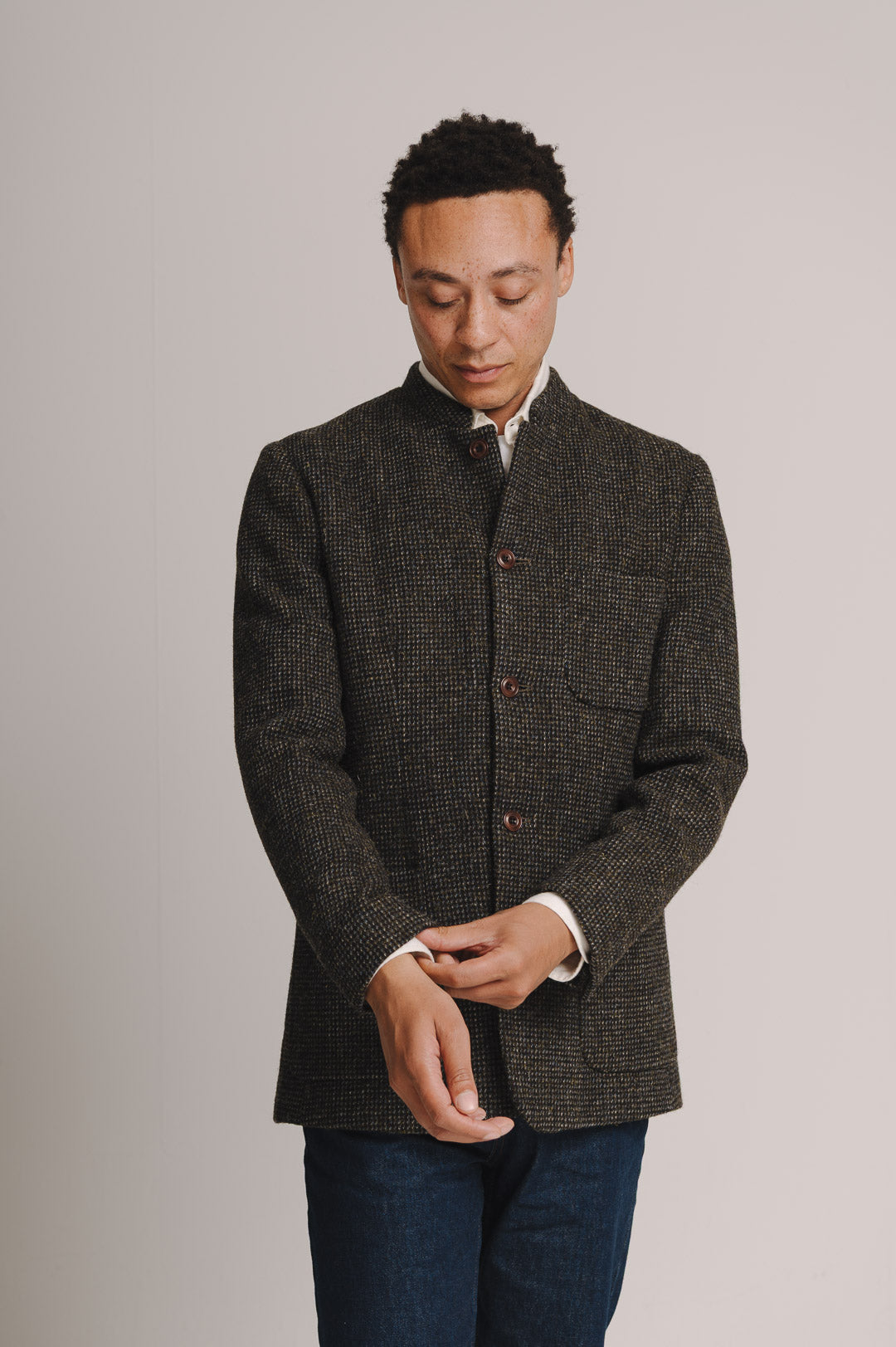 Bark Green Harris Tweed Nehru Jacket, Nehru Jacket - SIRPLUS