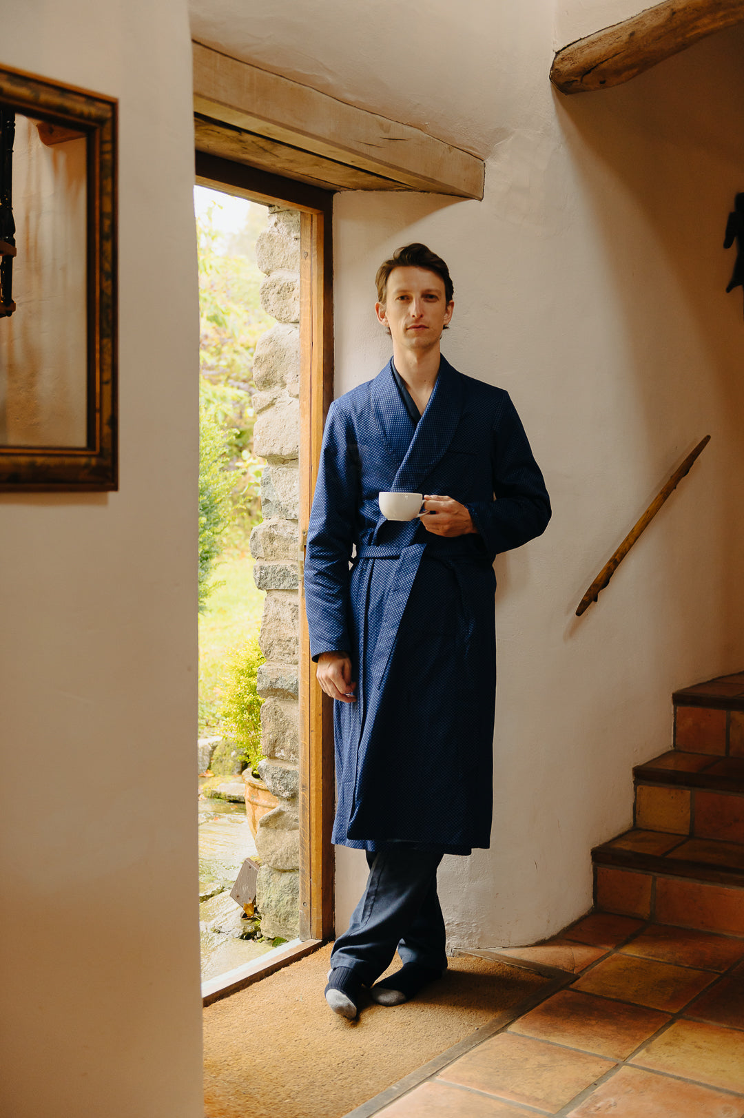 Navy Cotton Dobby Dressing Gown, Dressing Gown - SIRPLUS