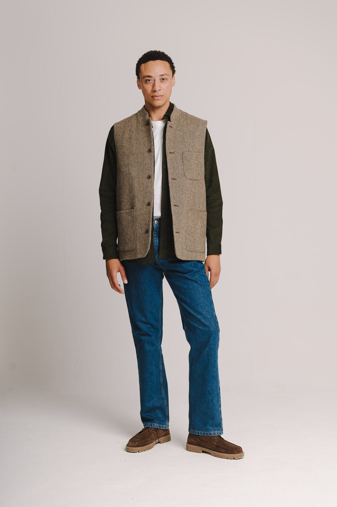 Peat Brown Twill Donegal Tweed Nehru Waistcoat, Nehru Waistcoat - SIRPLUS