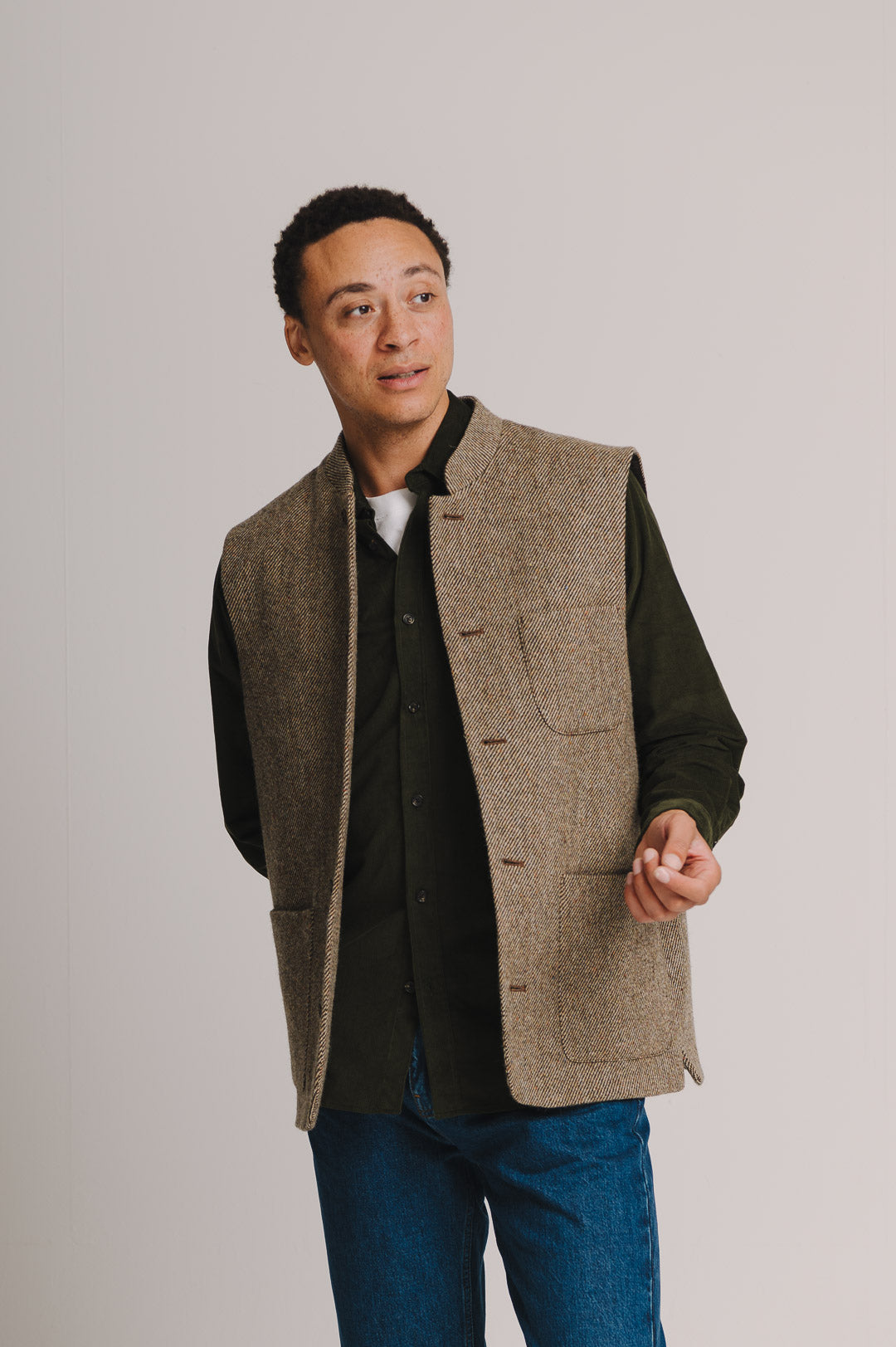 Peat Brown Twill Donegal Tweed Nehru Waistcoat, Nehru Waistcoat - SIRPLUS