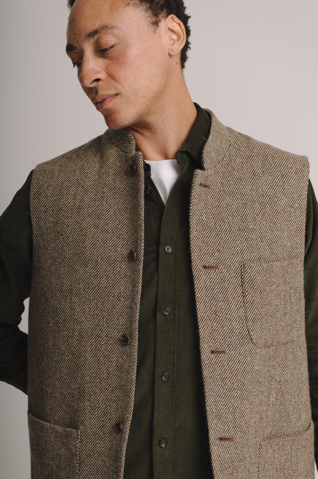 Peat Brown Twill Donegal Tweed Nehru Waistcoat, Nehru Waistcoat - SIRPLUS