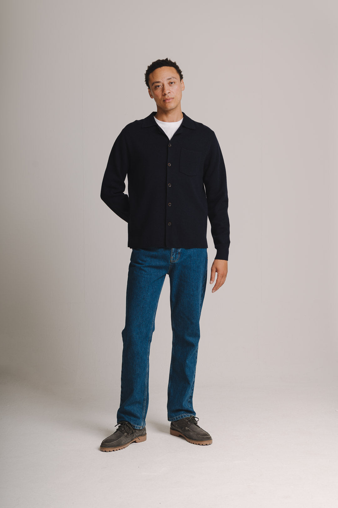 Navy Merino Knit Polo Shirt, Long-Sleeve Polo Shirt - SIRPLUS