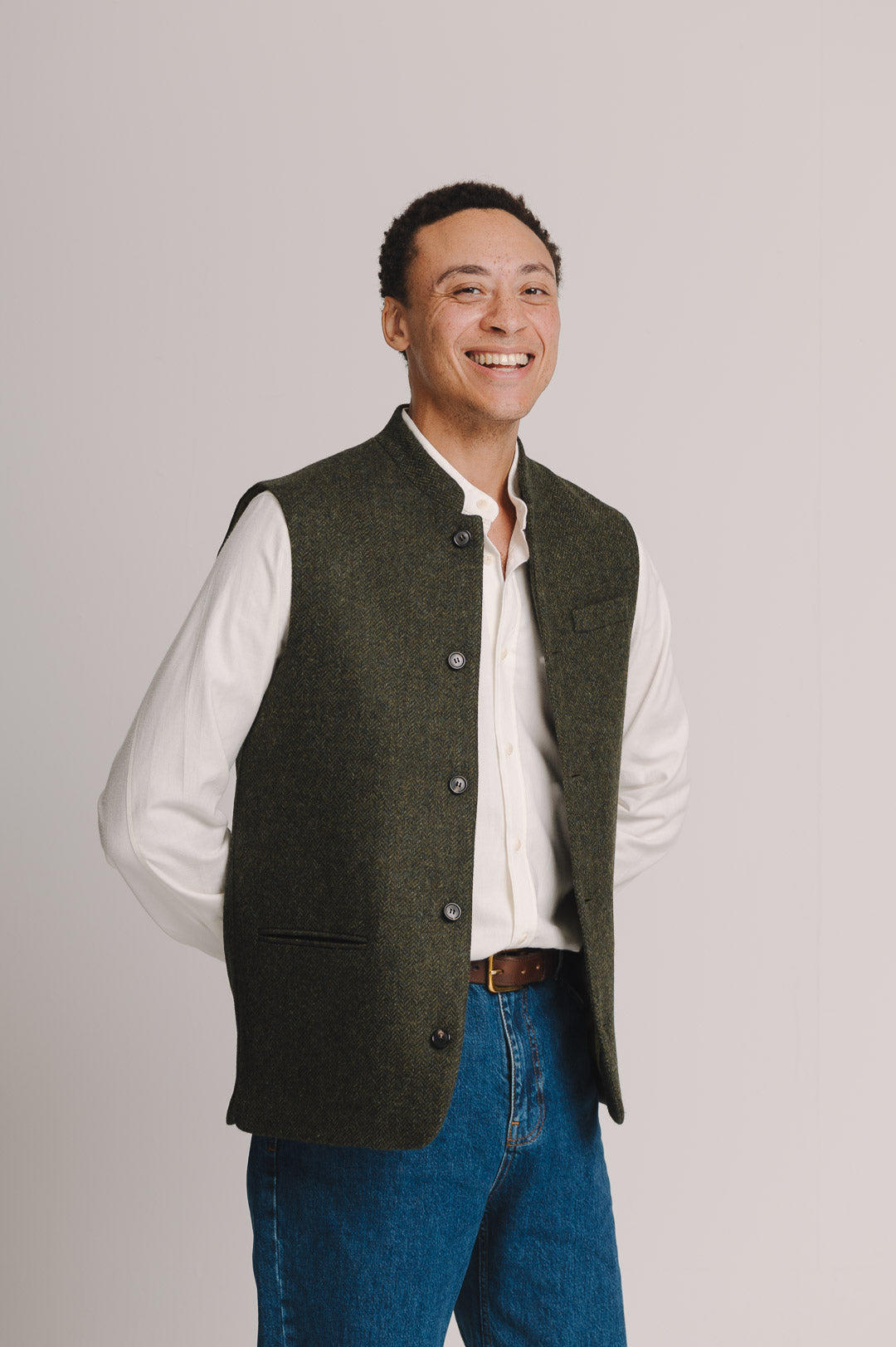 Juniper Green Herringbone Nehru Waistcoat, Nehru Waistcoat - SIRPLUS