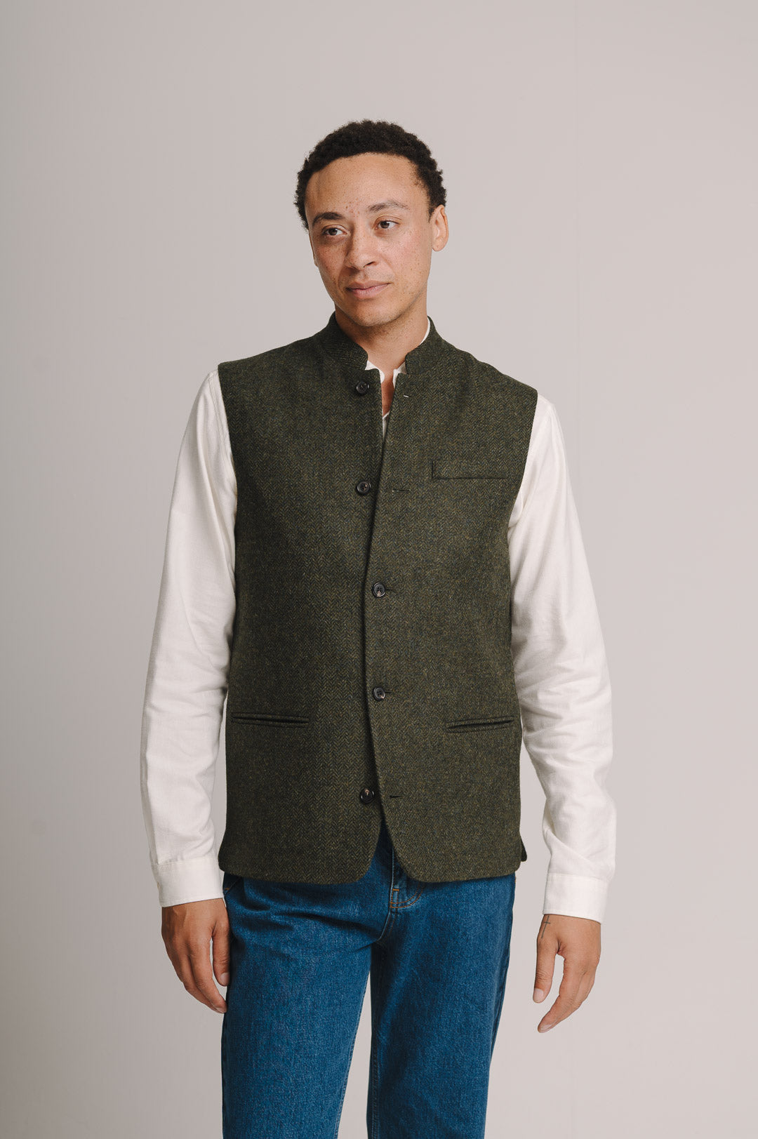 Juniper Green Herringbone Nehru Waistcoat, Nehru Waistcoat - SIRPLUS
