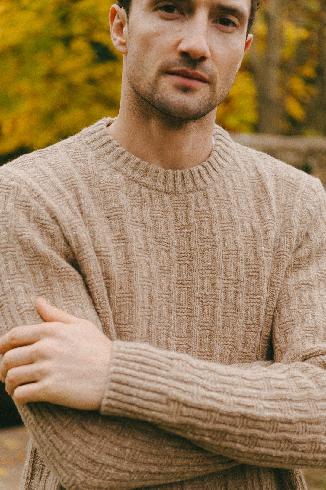 Camel Donegal Wool Cable Jumper, Crew Neck Jumper - SIRPLUS