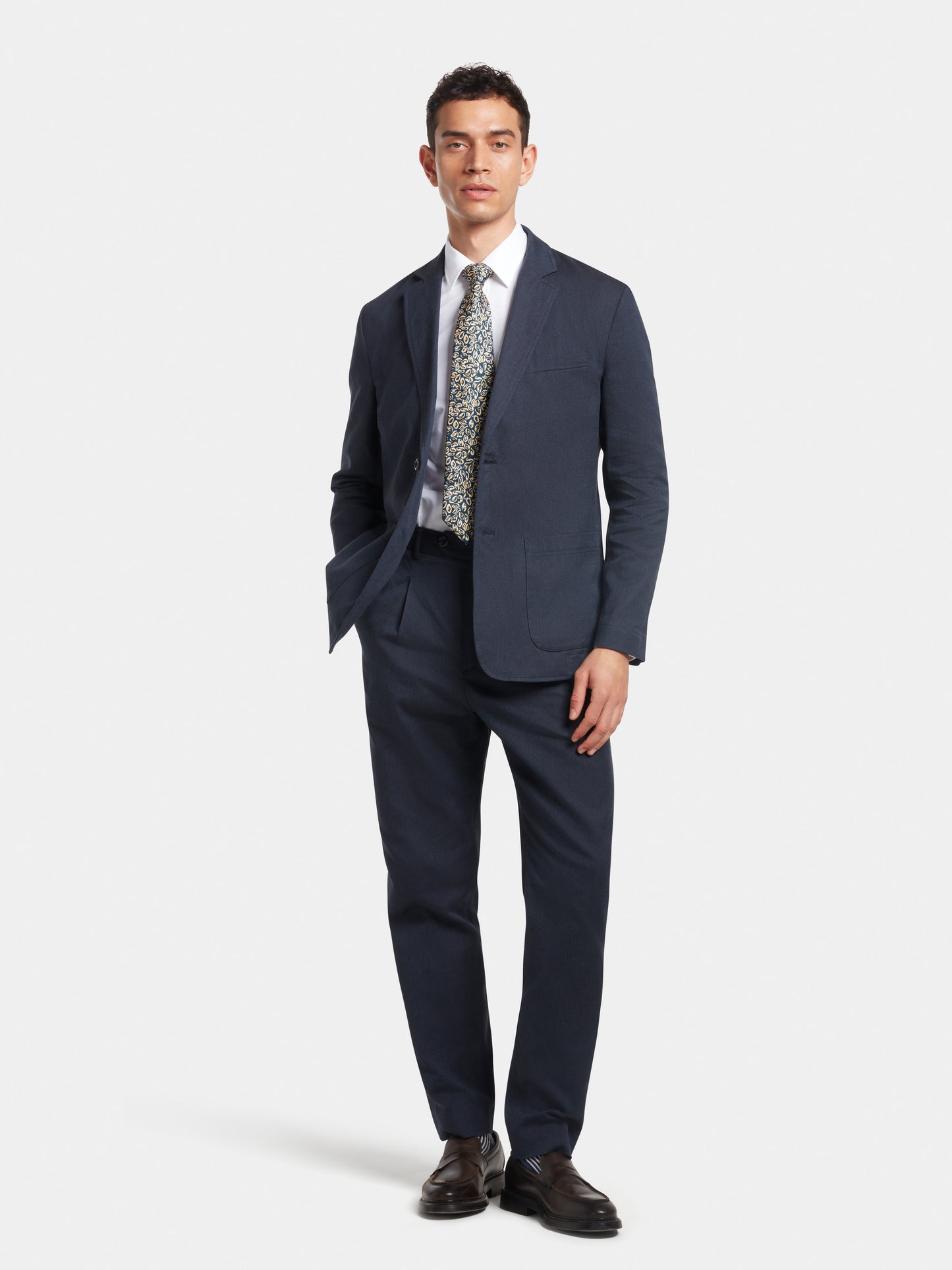 Navy Cotton Linen Pleated Trousers, Casual Trousers - SIRPLUS