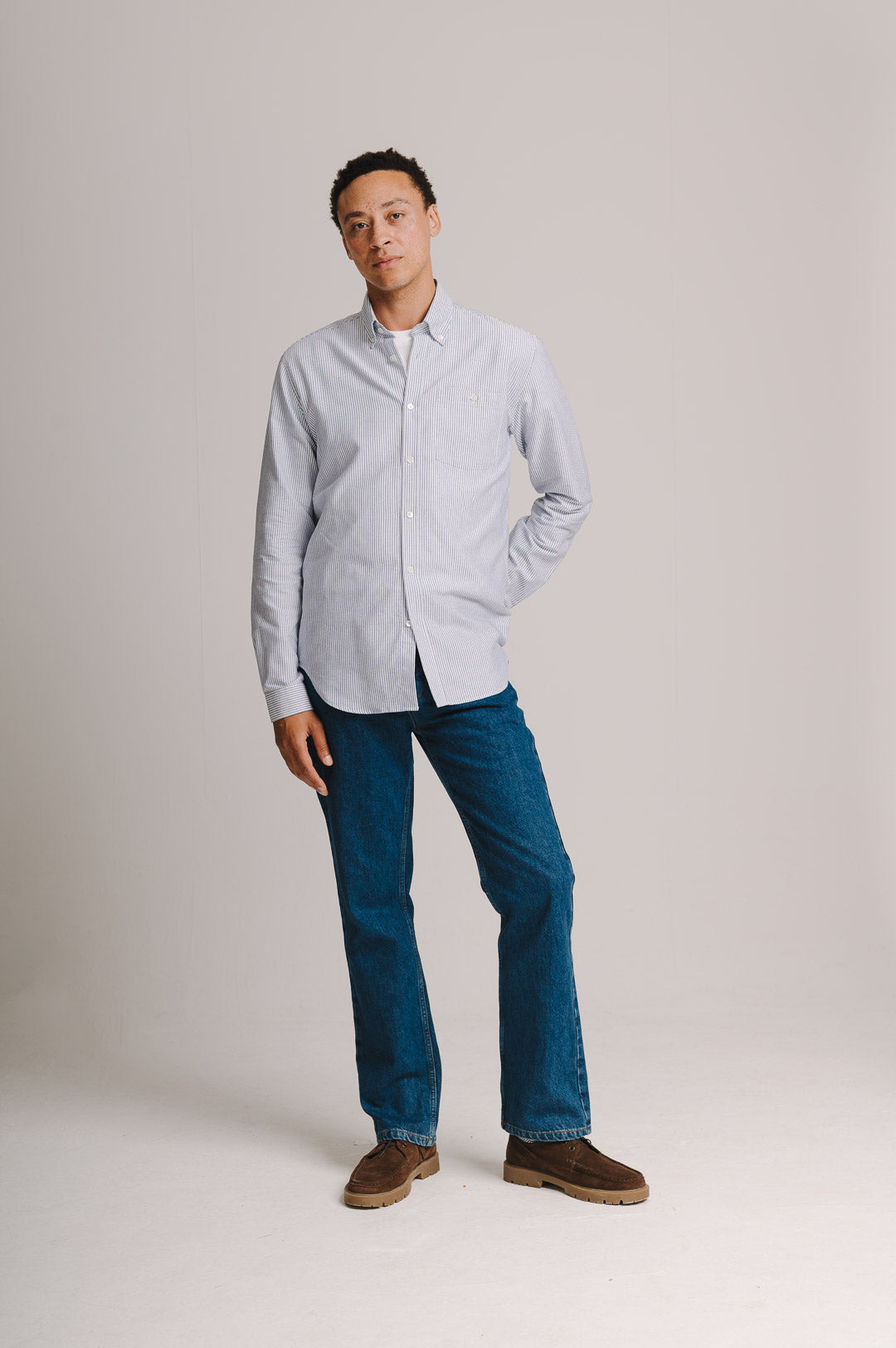 Navy & White Stripe Button-down Shirt, Collar Shirt - SIRPLUS