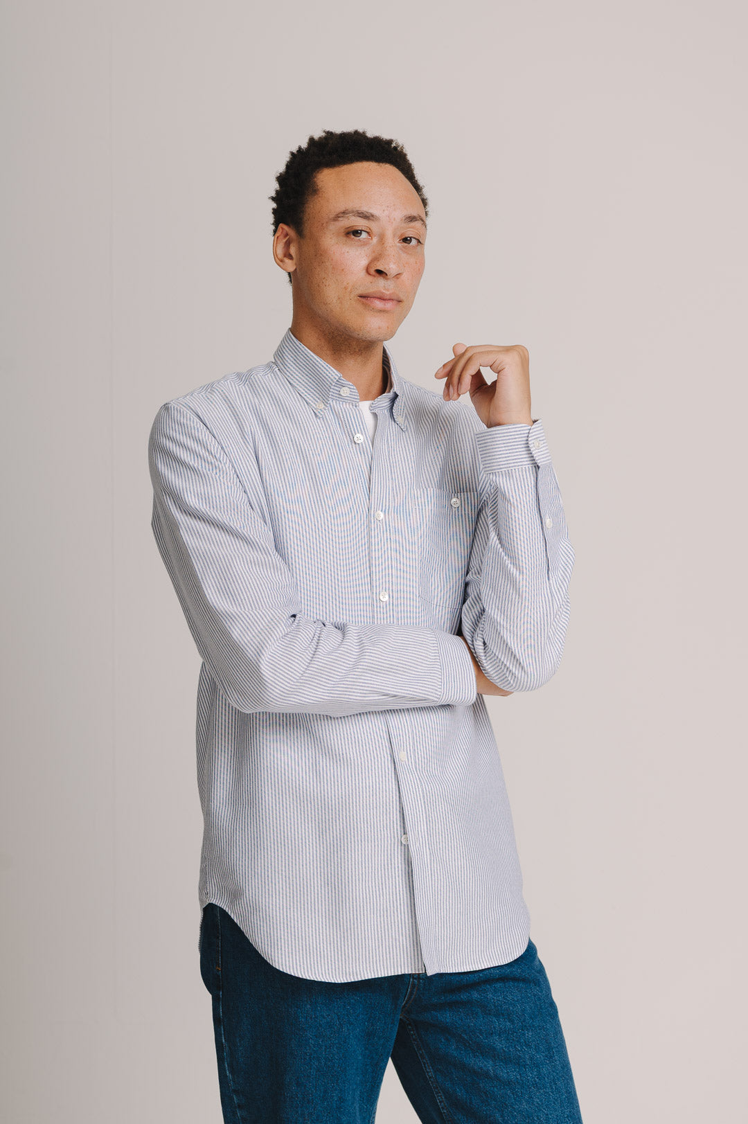 Navy & White Stripe Button-down Shirt, Collar Shirt - SIRPLUS