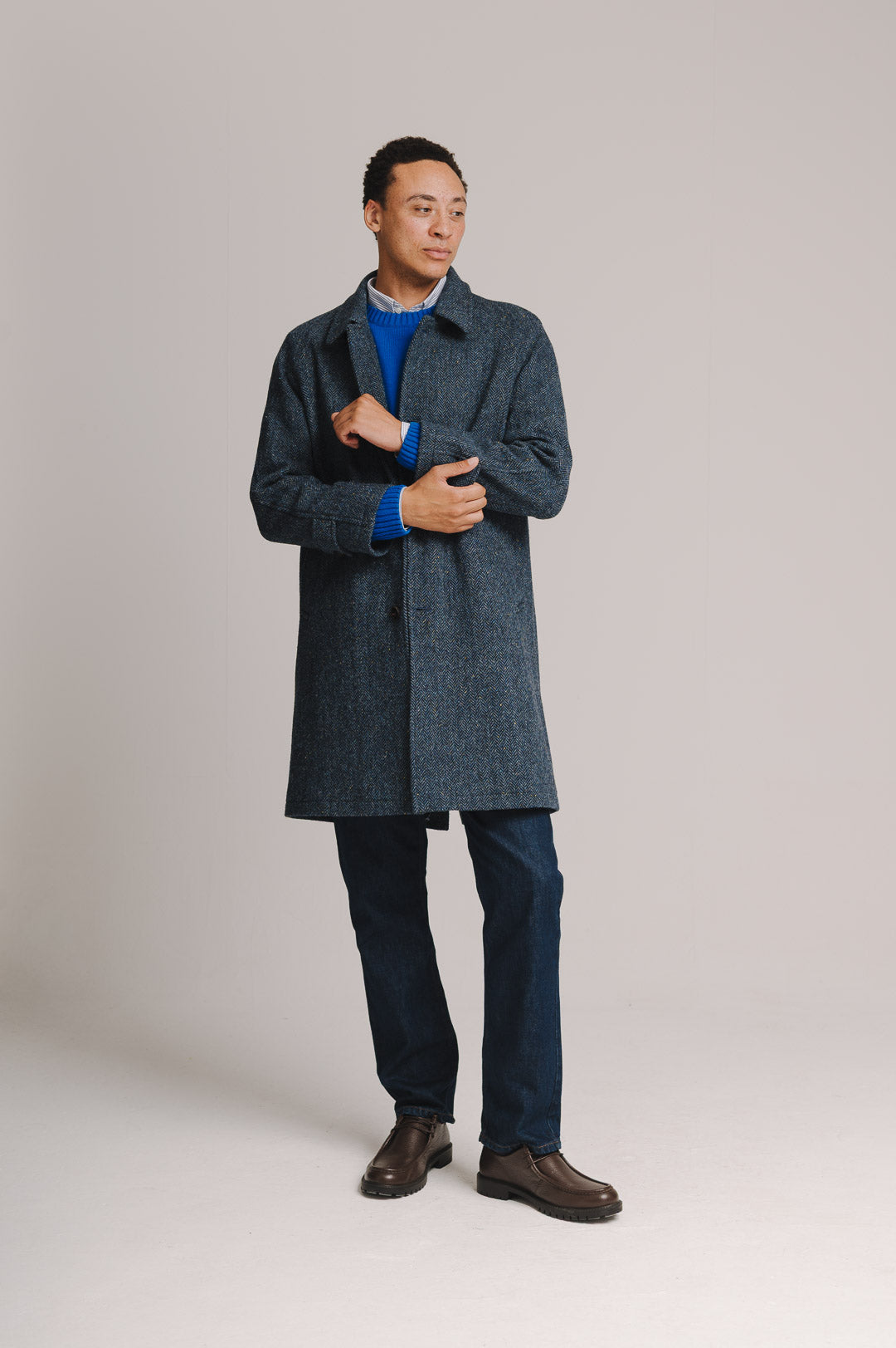 Slate Blue Herringbone Harris Tweed Overcoat, Coat - SIRPLUS