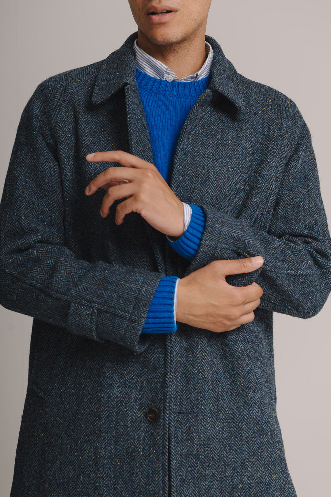 Slate Blue Herringbone Harris Tweed Overcoat, Coat - SIRPLUS