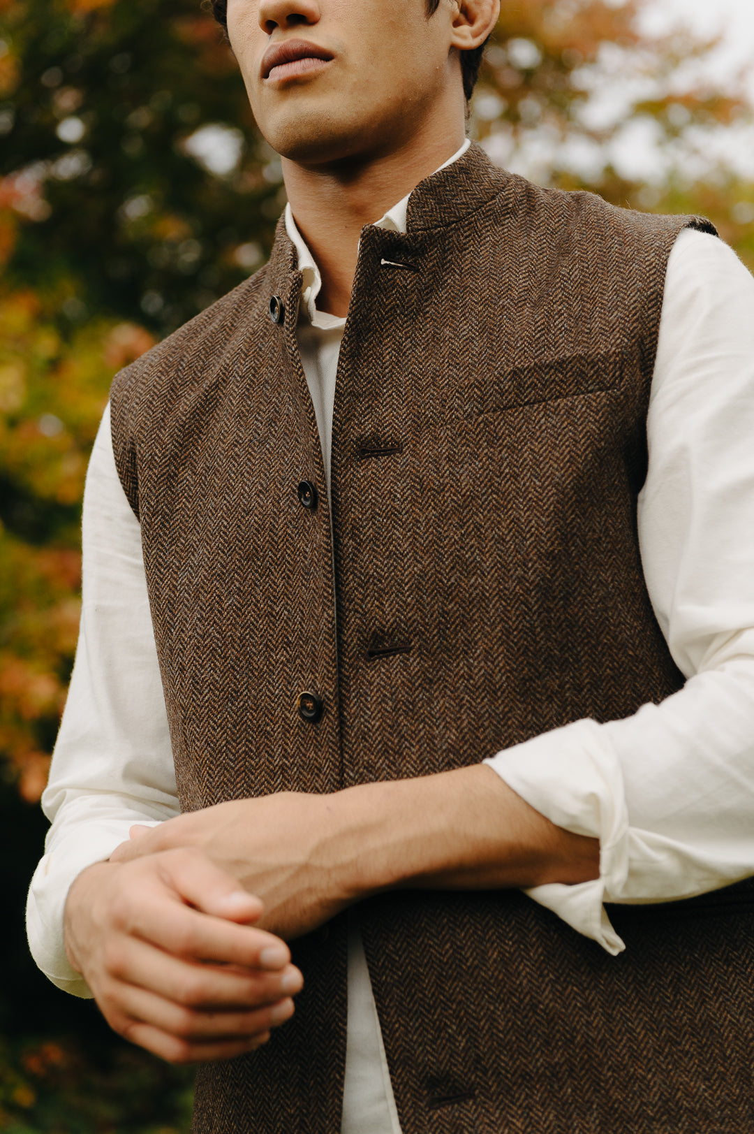 Walnut Herringbone Nehru Waistcoat, Nehru Waistcoat - SIRPLUS