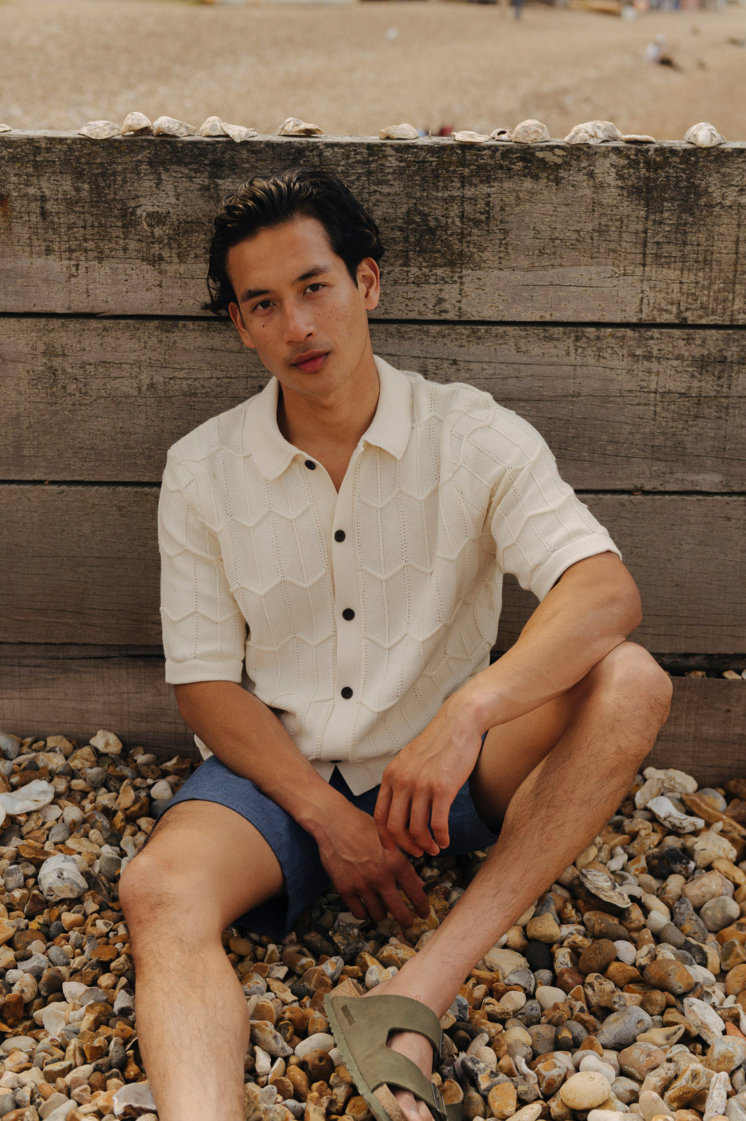 Cream Chevron Knit Polo, Polo Shirt - SIRPLUS