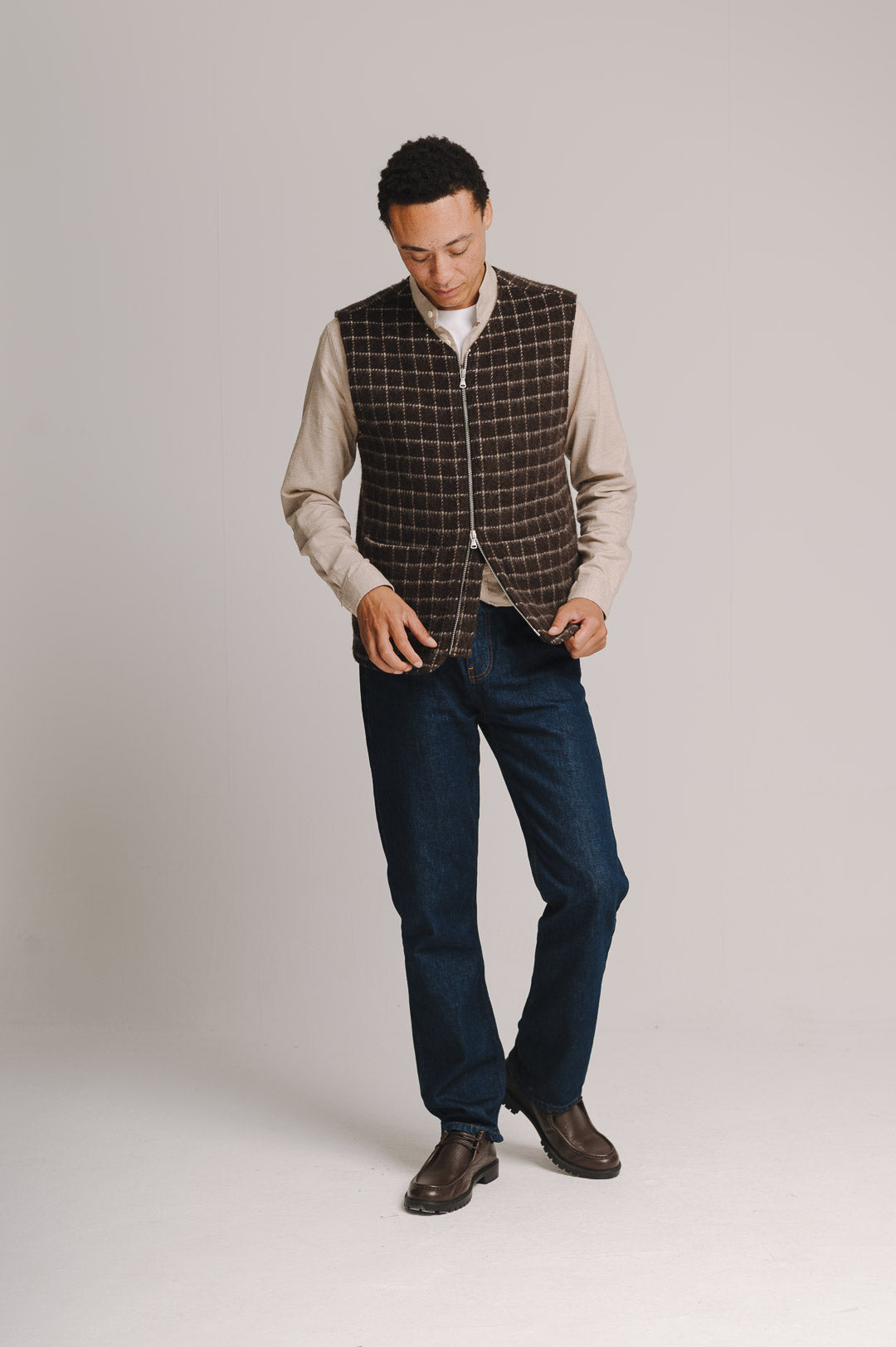 Brown Chalk Check Wool Gilet, Gilet - SIRPLUS