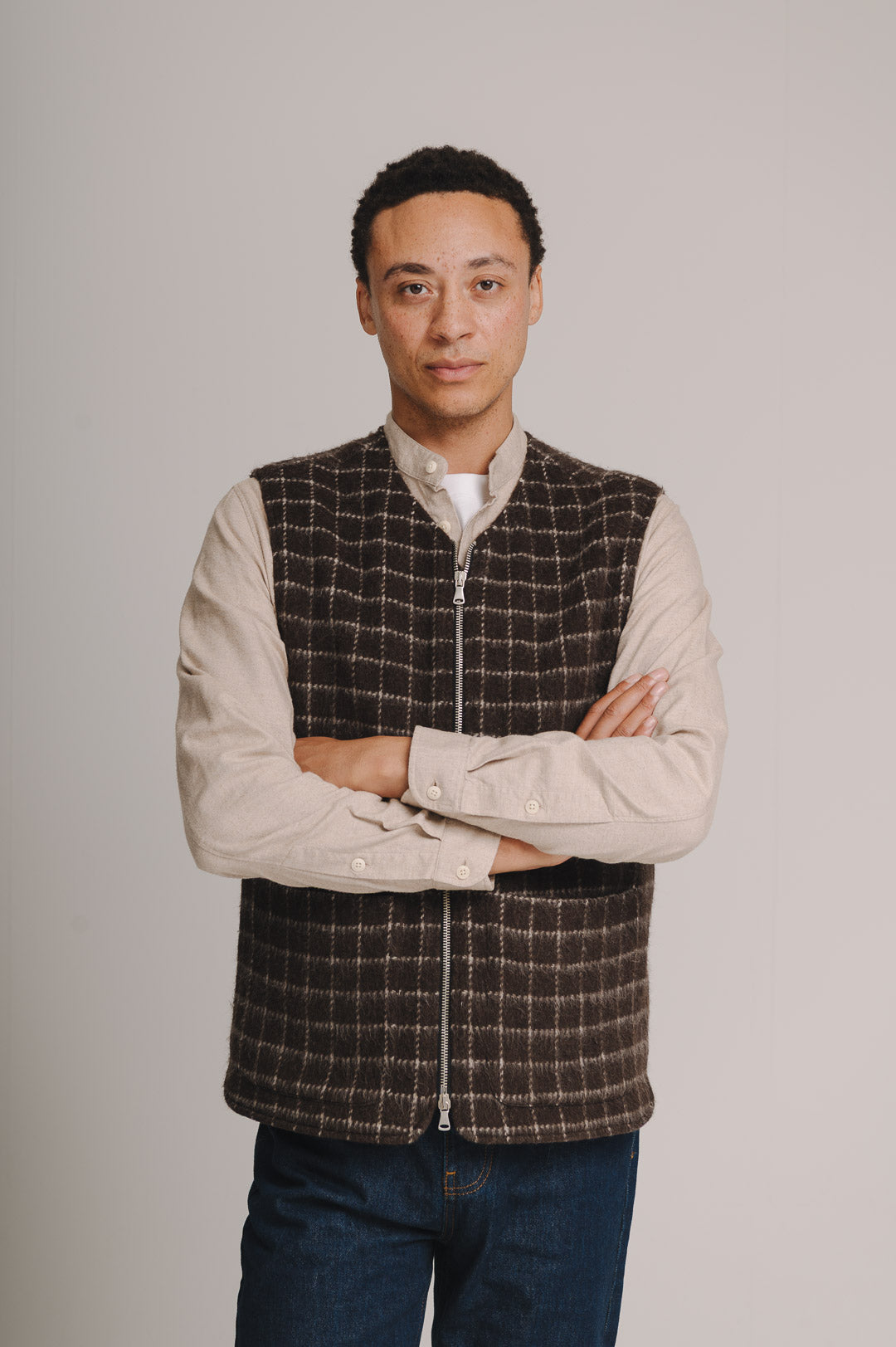 Brown Chalk Check Wool Gilet, Gilet - SIRPLUS