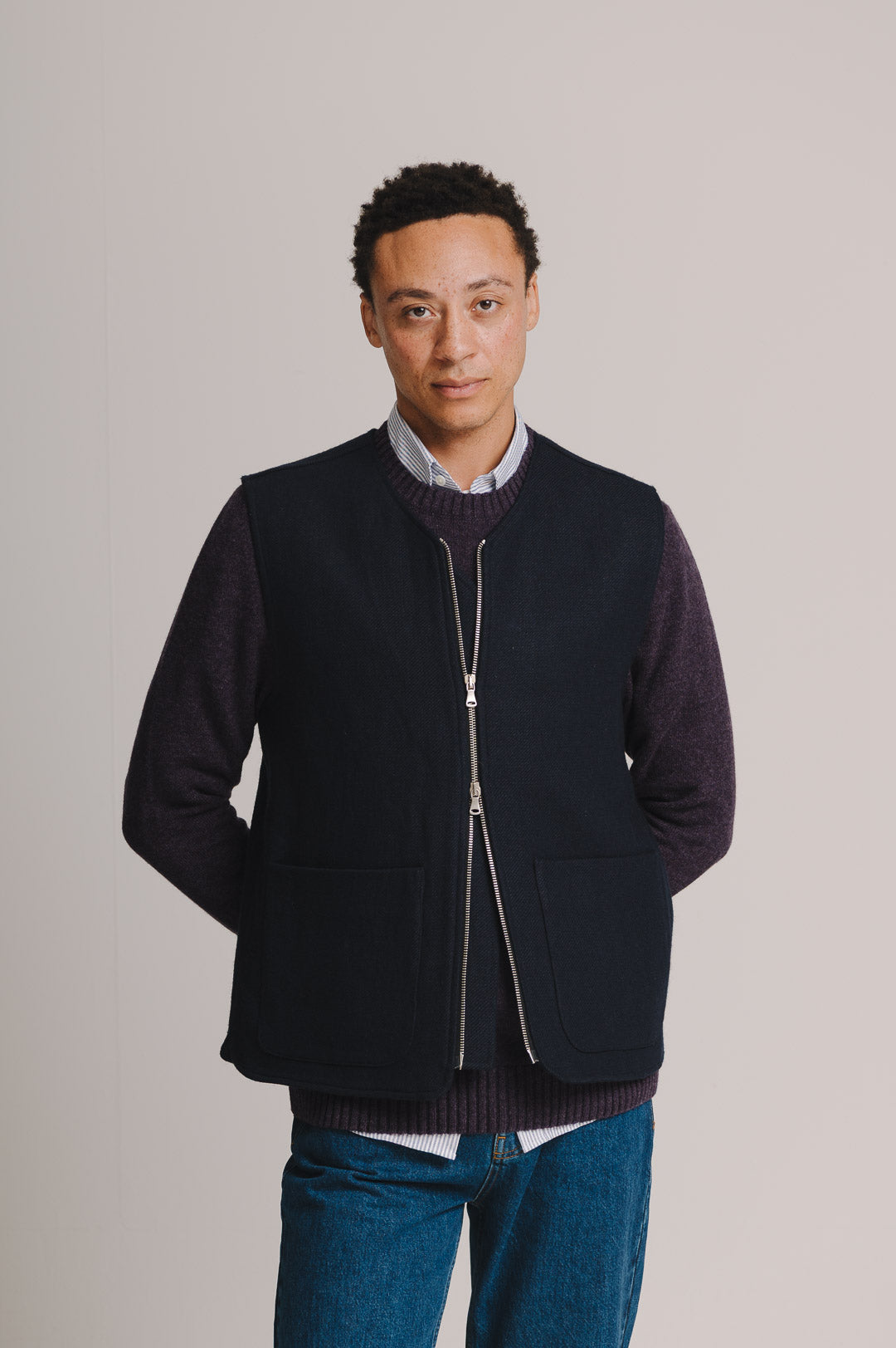 Navy Linen Wool Twill Gilet, Gilet - SIRPLUS