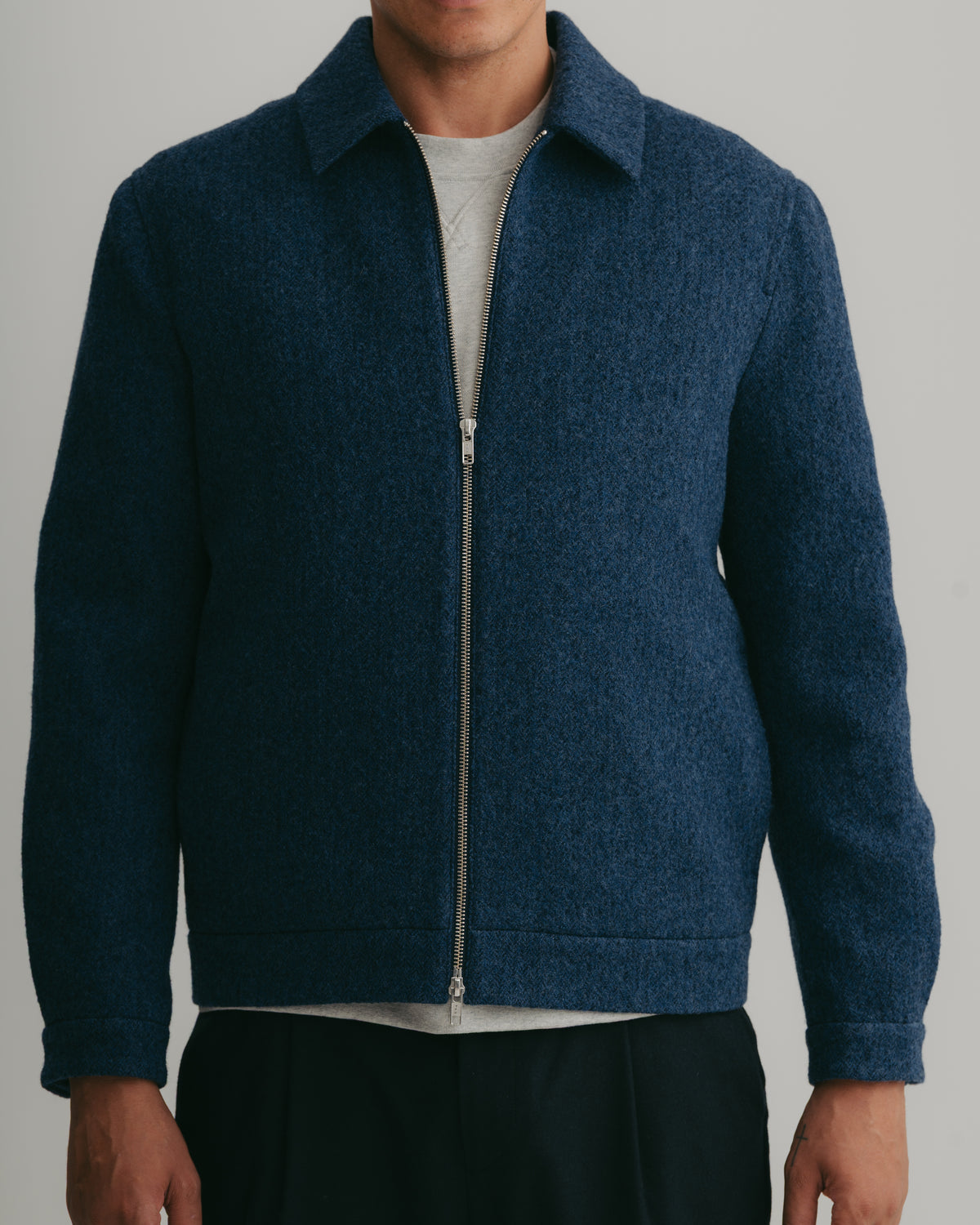 Blue Brushed Herringbone Wool Zip Jacket, Zip Jacket - SIRPLUS