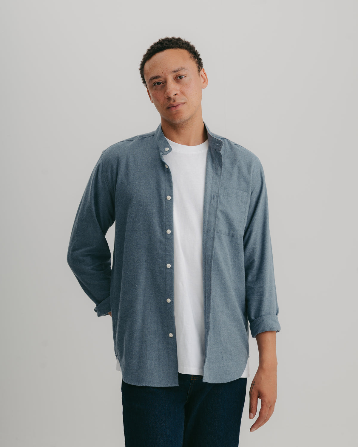 Washed Blue Brushed Cotton Grandad Shirt, Grandad Shirt - SIRPLUS