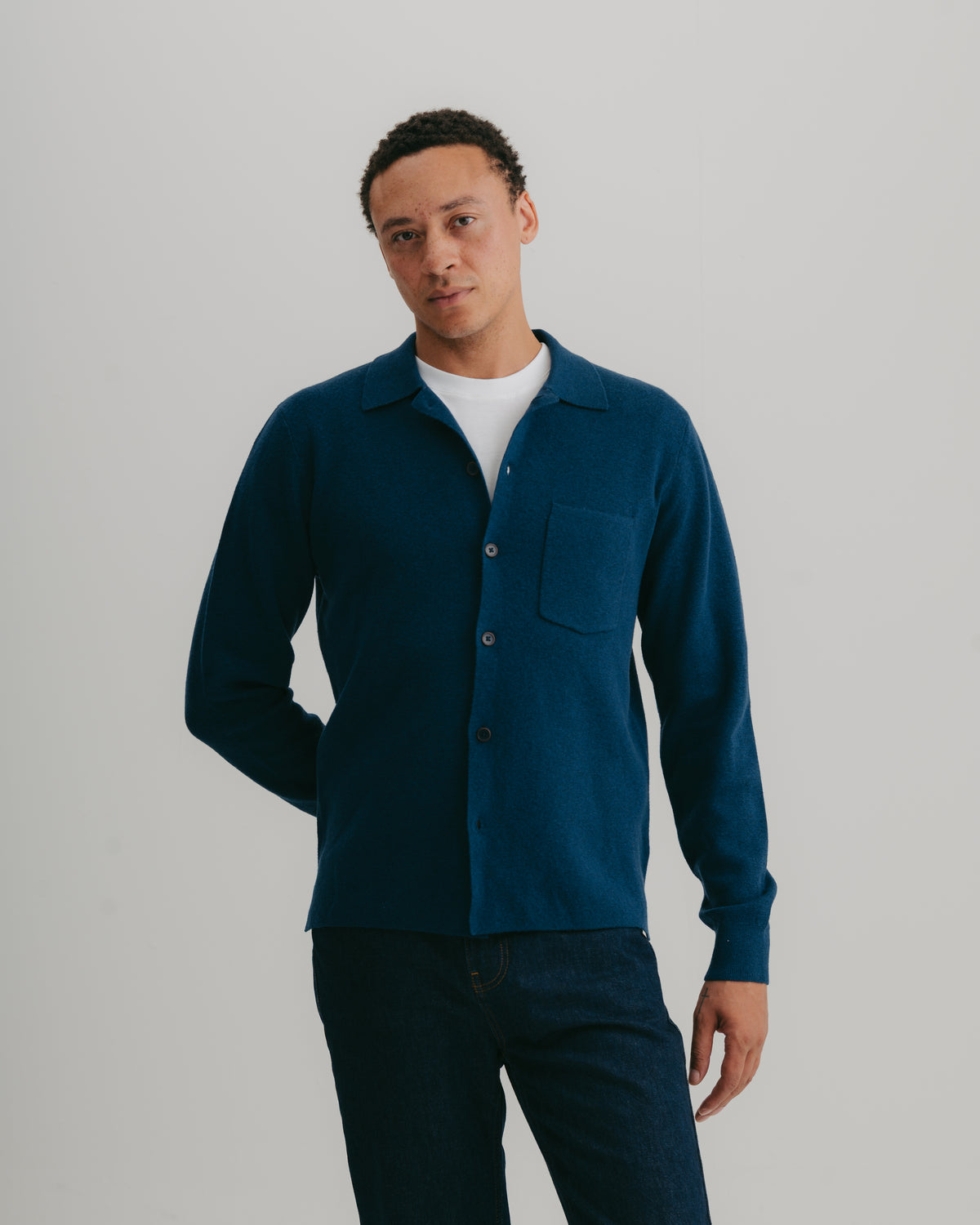 Petrol Blue Merino Knit Polo Shirt, Long-Sleeve Polo Shirt - SIRPLUS