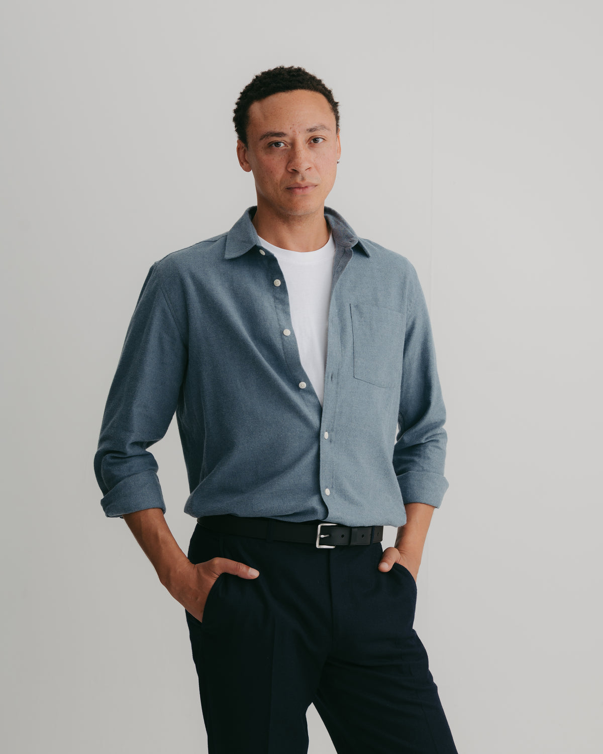 Washed Blue Brushed Cotton Shirt, Collar Shirt - SIRPLUS