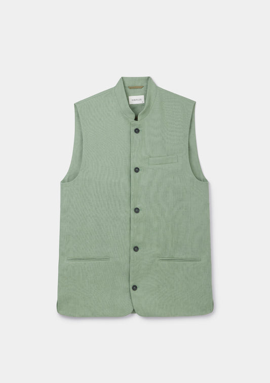 Ash Green Linen Nehru Waistcoat, Nehru Waistcoat - SIRPLUS