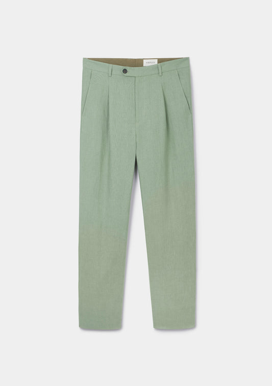 Ash Green Linen Pleated Trousers, Pleated Trousers - SIRPLUS