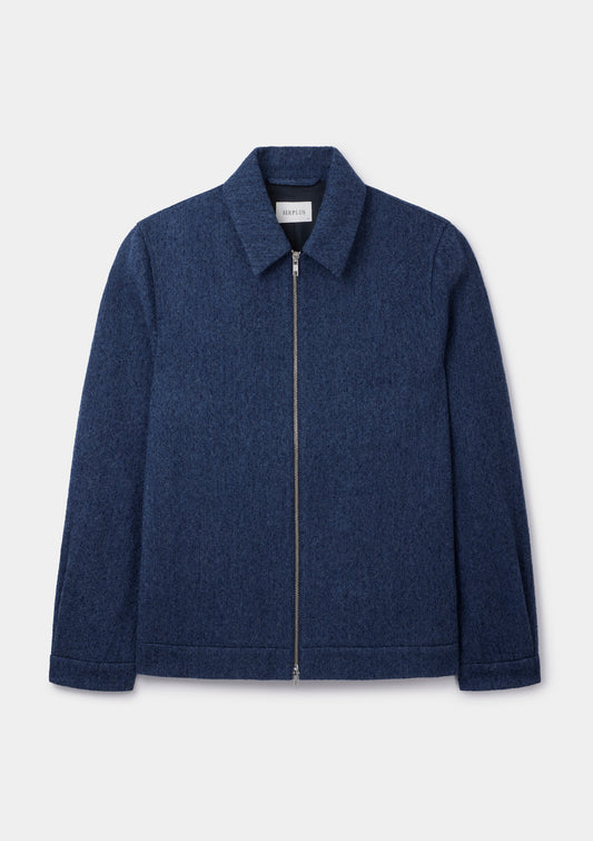 Blue Brushed Herringbone Wool Zip Jacket