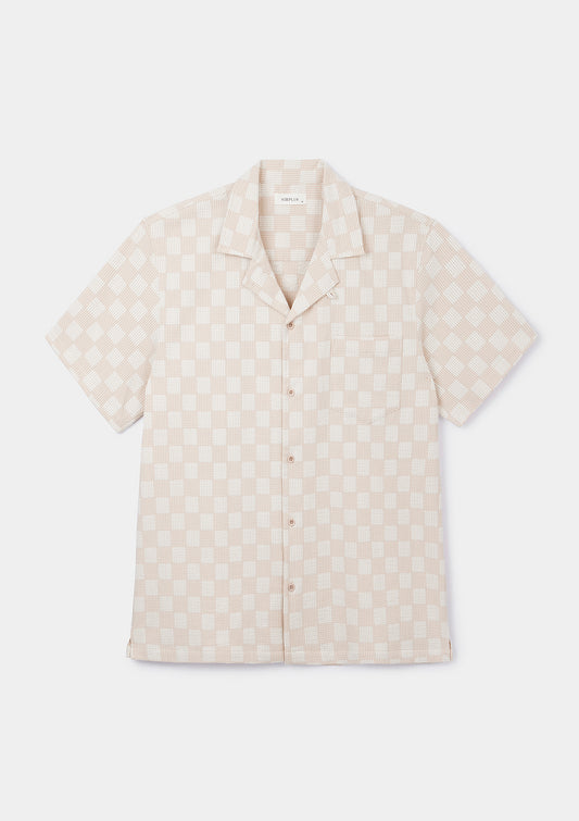 Beige Yarn Check Cuban Shirt, Cuban Shirt - SIRPLUS