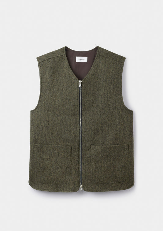Green Brushed Herringbone Wool Gilet, Gilet - SIRPLUS