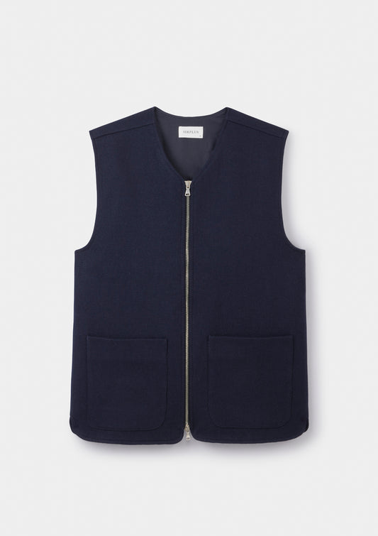 Navy Linen Wool Twill Gilet, Gilet - SIRPLUS