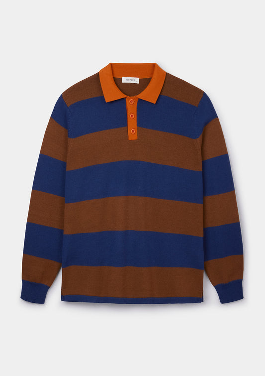Blue & Brown Merino Knit Rugby Polo Shirt, Polo Shirt - SIRPLUS