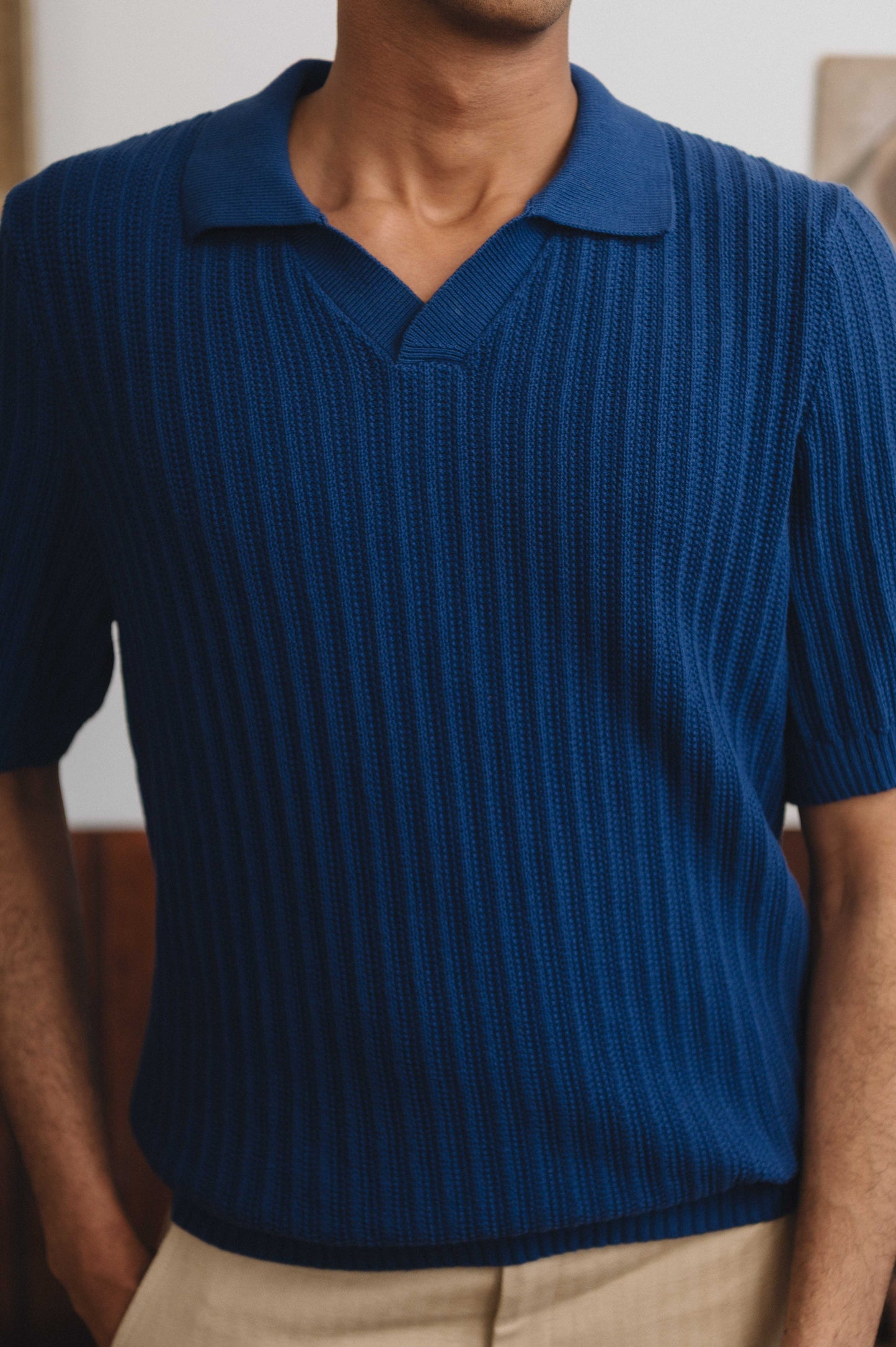 Cobalt Blue Textured Rib Resort Polo, Polo Shirt - SIRPLUS