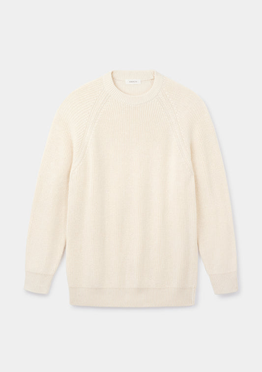 Cream Fisherman Rib Cotton Crew Neck, Crew Neck Jumper - SIRPLUS