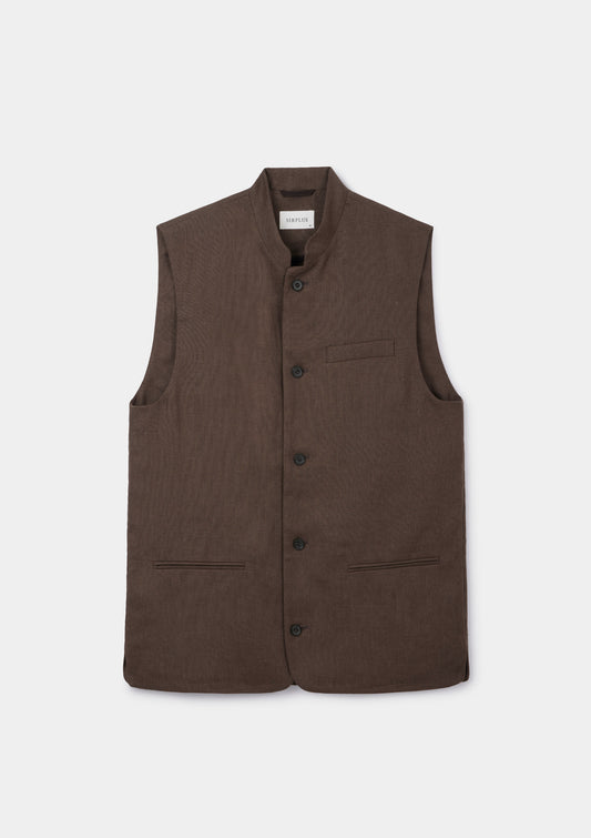 Hickory Brown Linen Nehru Waistcoat, Nehru Waistcoat - SIRPLUS