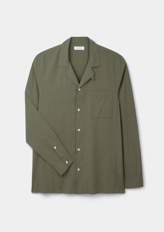Olive Green Seersucker Long-Sleeved Cuban Shirt, Cuban Shirt - SIRPLUS