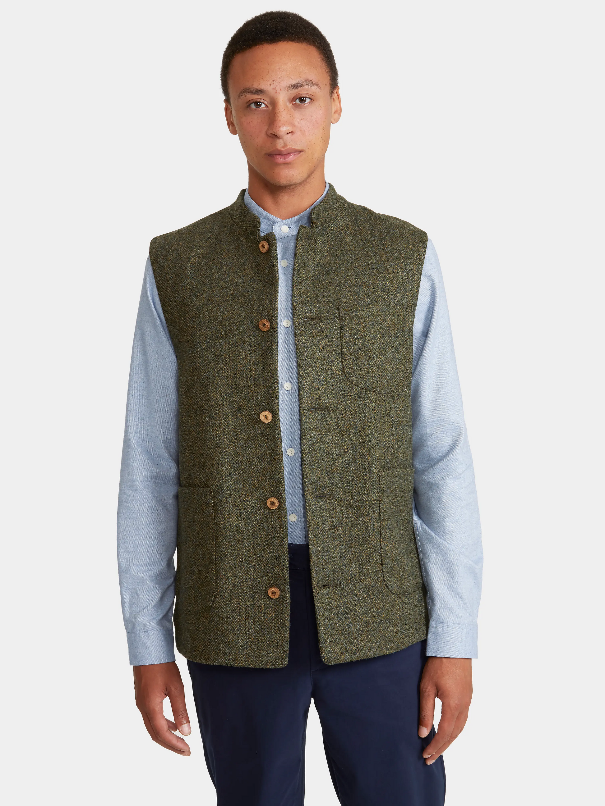 Green Herringbone Tweed Nehru Waistcoat, Nehru Waistcoats - SIRPLUS