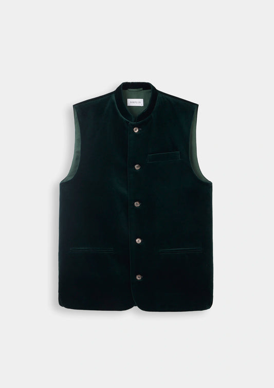 Forest Green Organic Velvet Nehru Waistcoat, Nehru Waistcoat - SIRPLUS