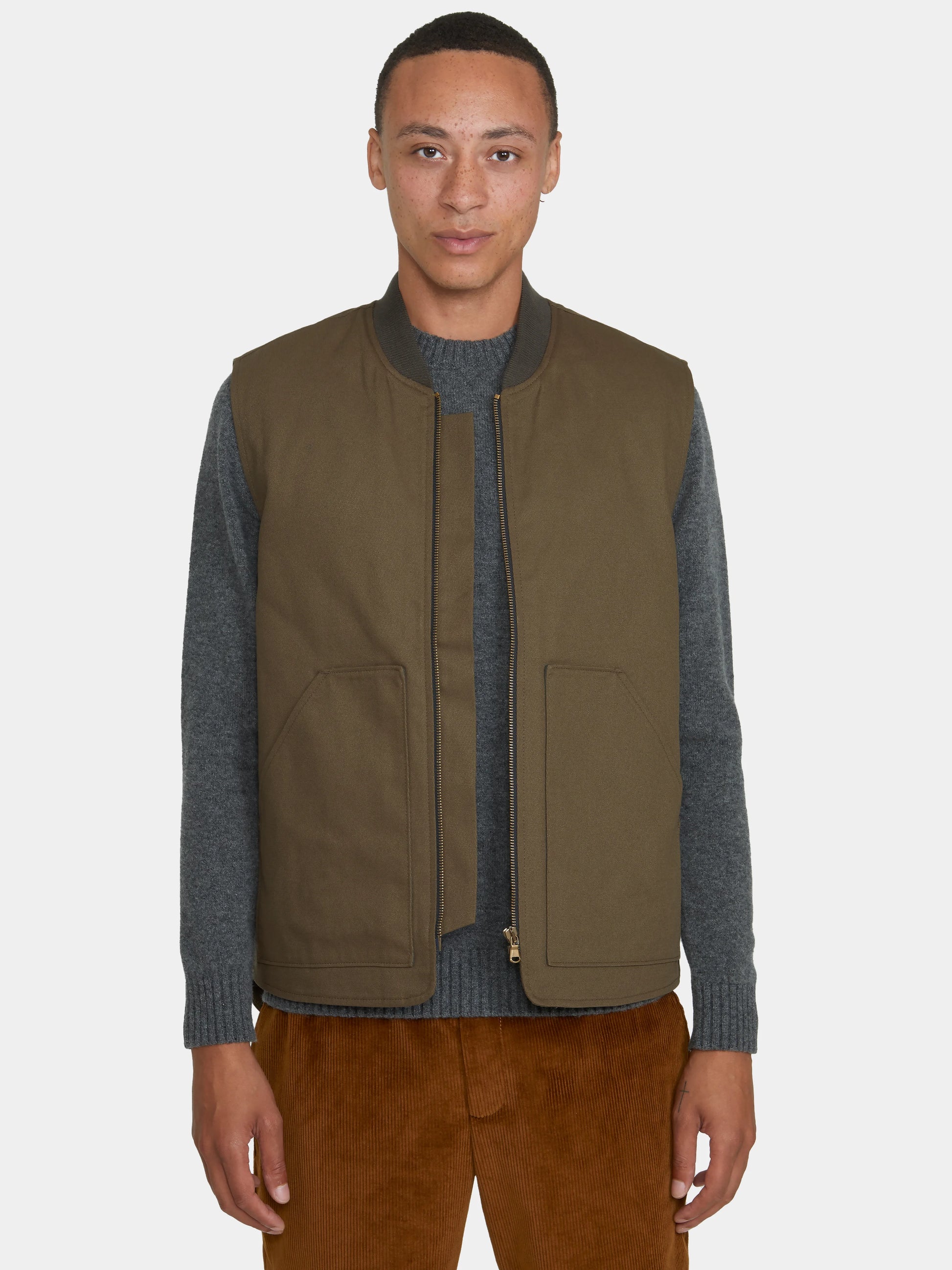 Olive Cotton Twill Gilet, Gilets - SIRPLUS