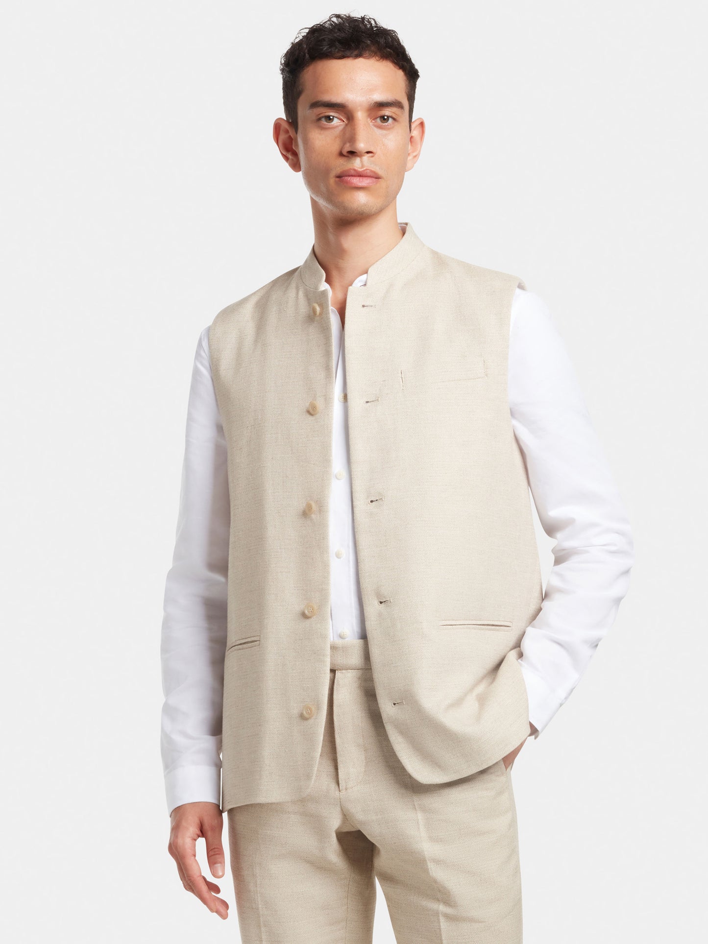 Sand Cotton Linen Nehru Waistcoat, Nehru Waistcoat - SIRPLUS